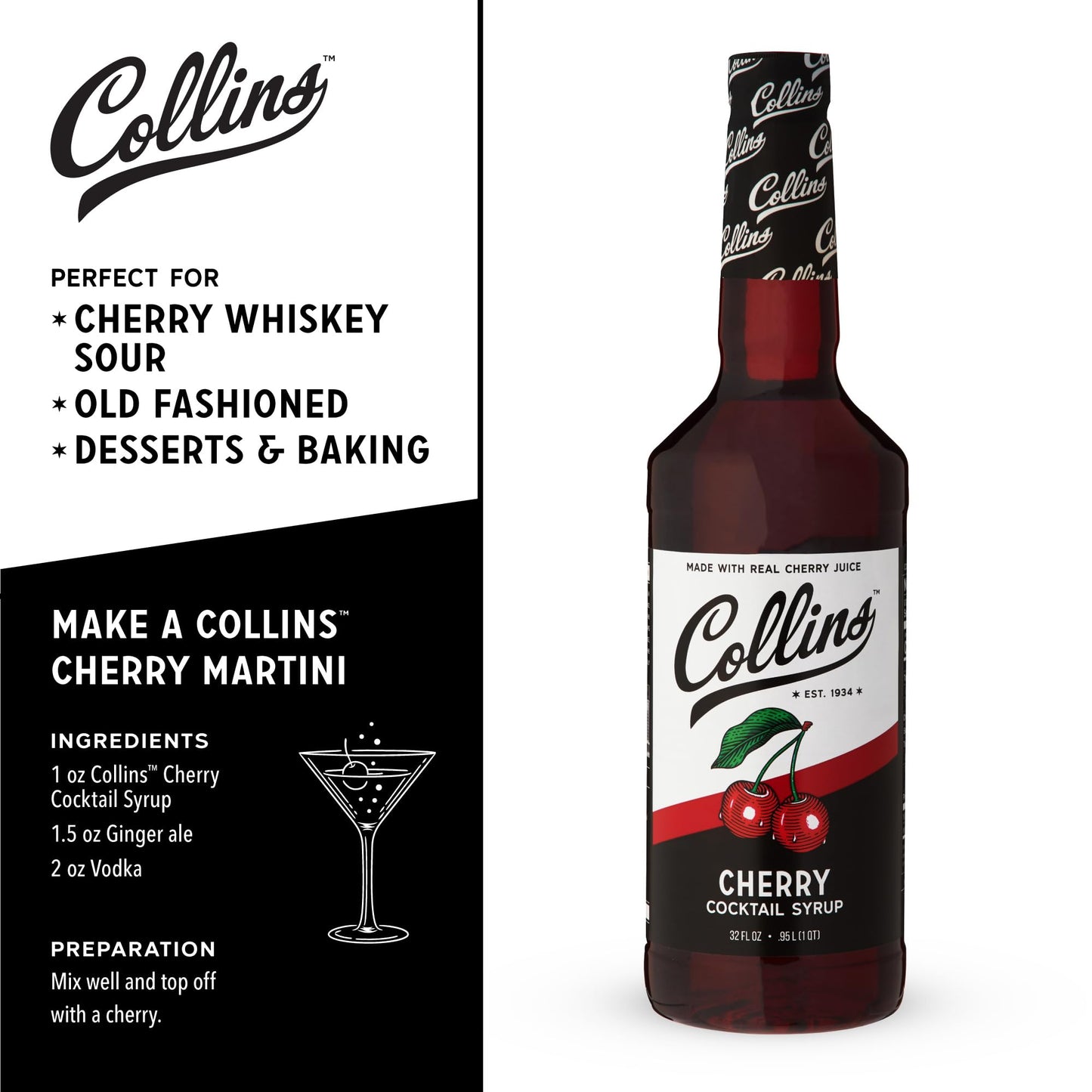 Collins Cherry Syrup with Real Sugar, Maraschino Drink Flavoring Syrups for Cocktails, Dirty Soda, Smoothie, Lemonade, Cocktail Mixers, 32 oz Set of 1