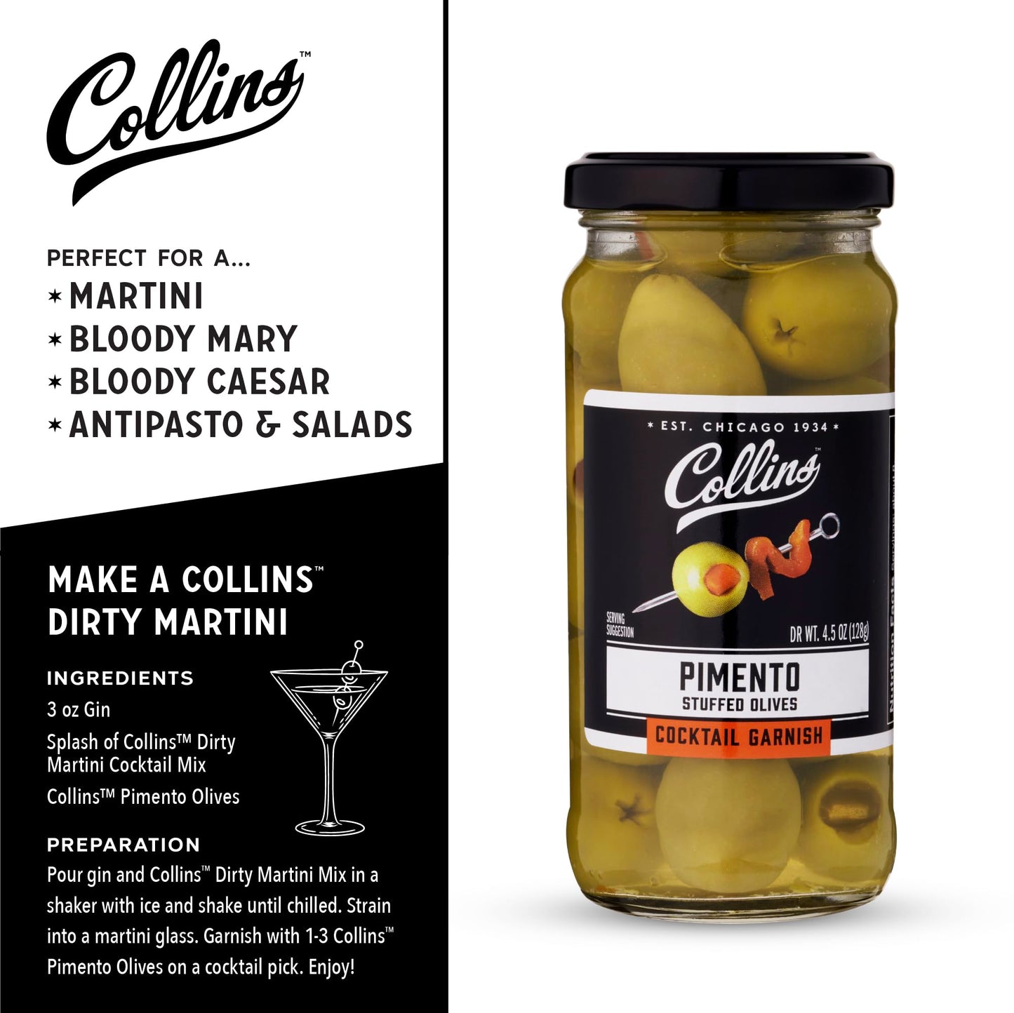 Collins Gourmet Martini Pimento Olives — 4.75 oz