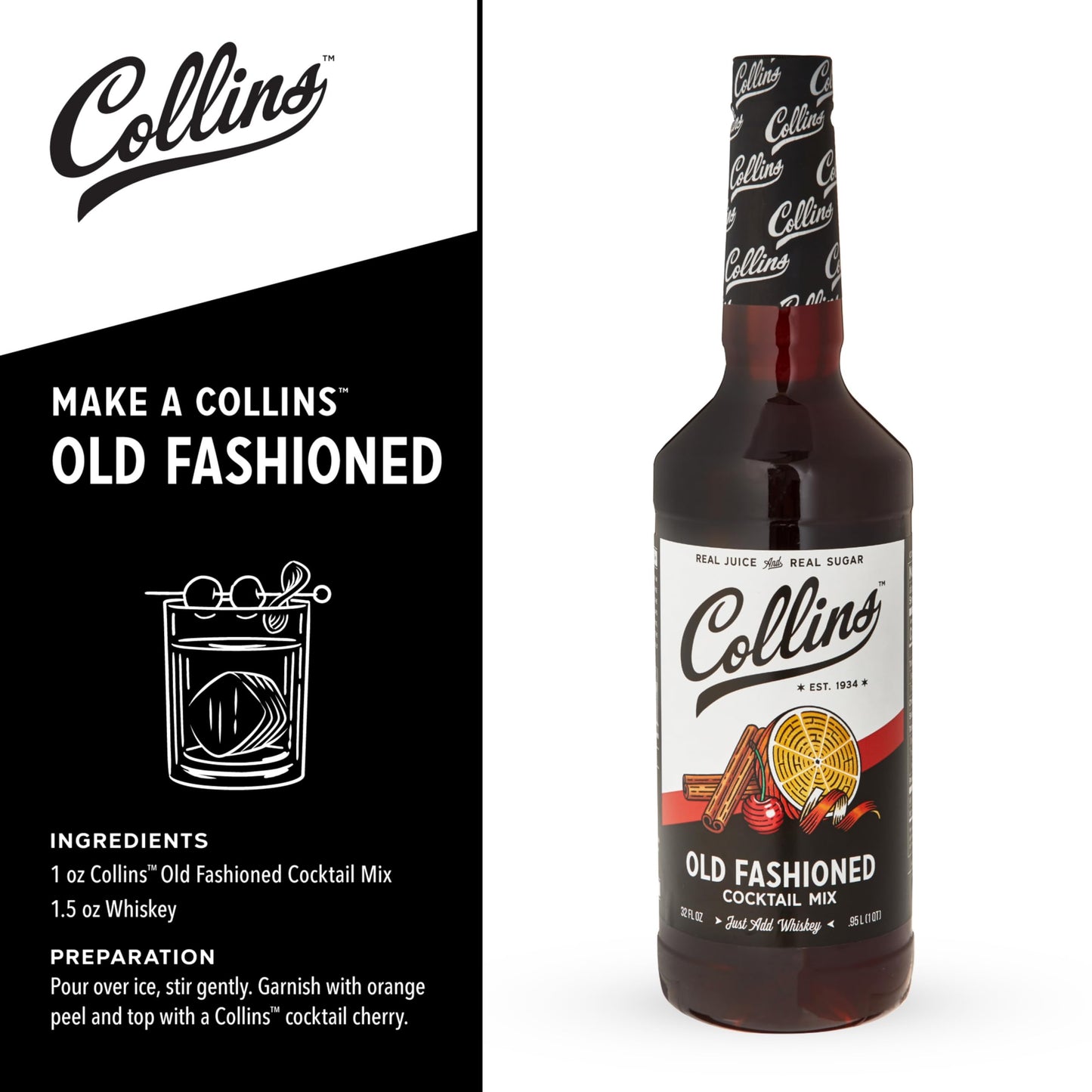 ollins Old Fashioned Kit — Complete Cocktail Set with Mix, Cherries, Orange Garnish & Pick