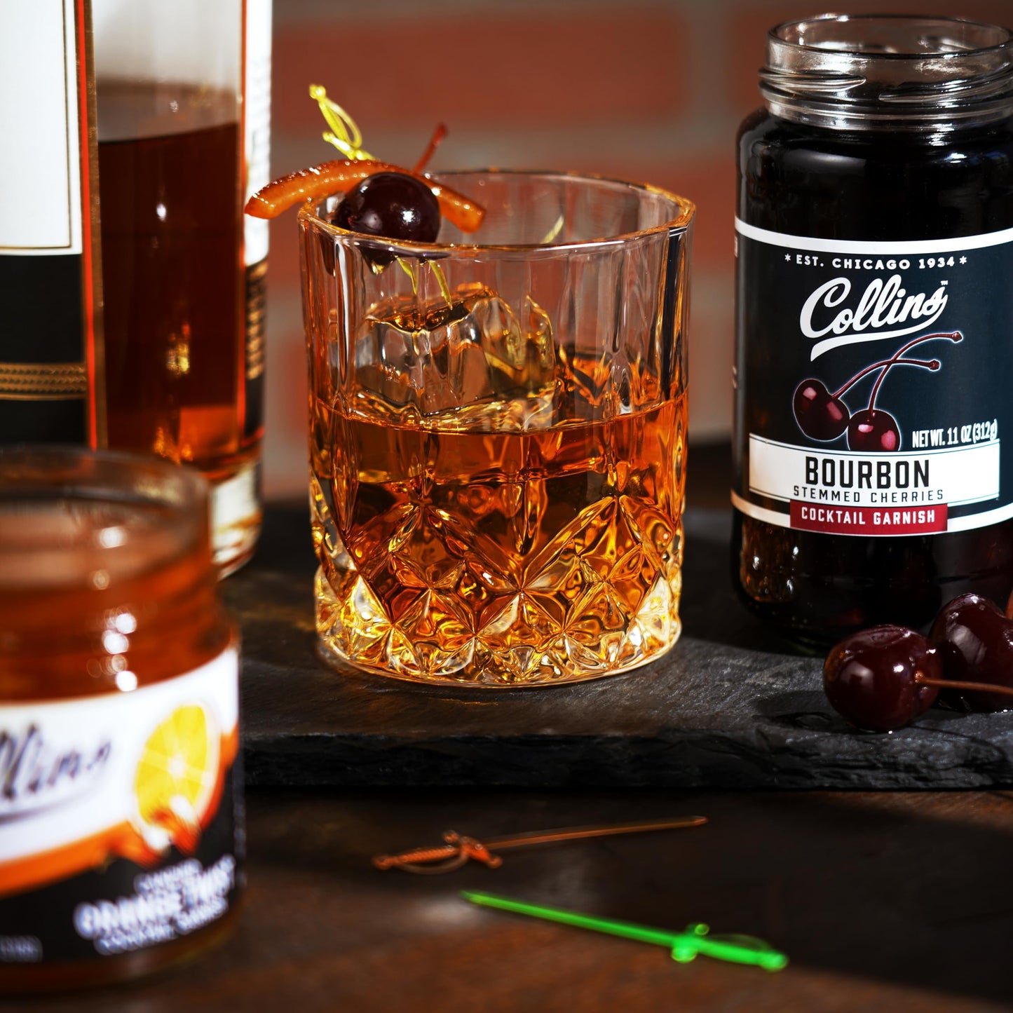 ollins Old Fashioned Kit — Complete Cocktail Set with Mix, Cherries, Orange Garnish & Pick