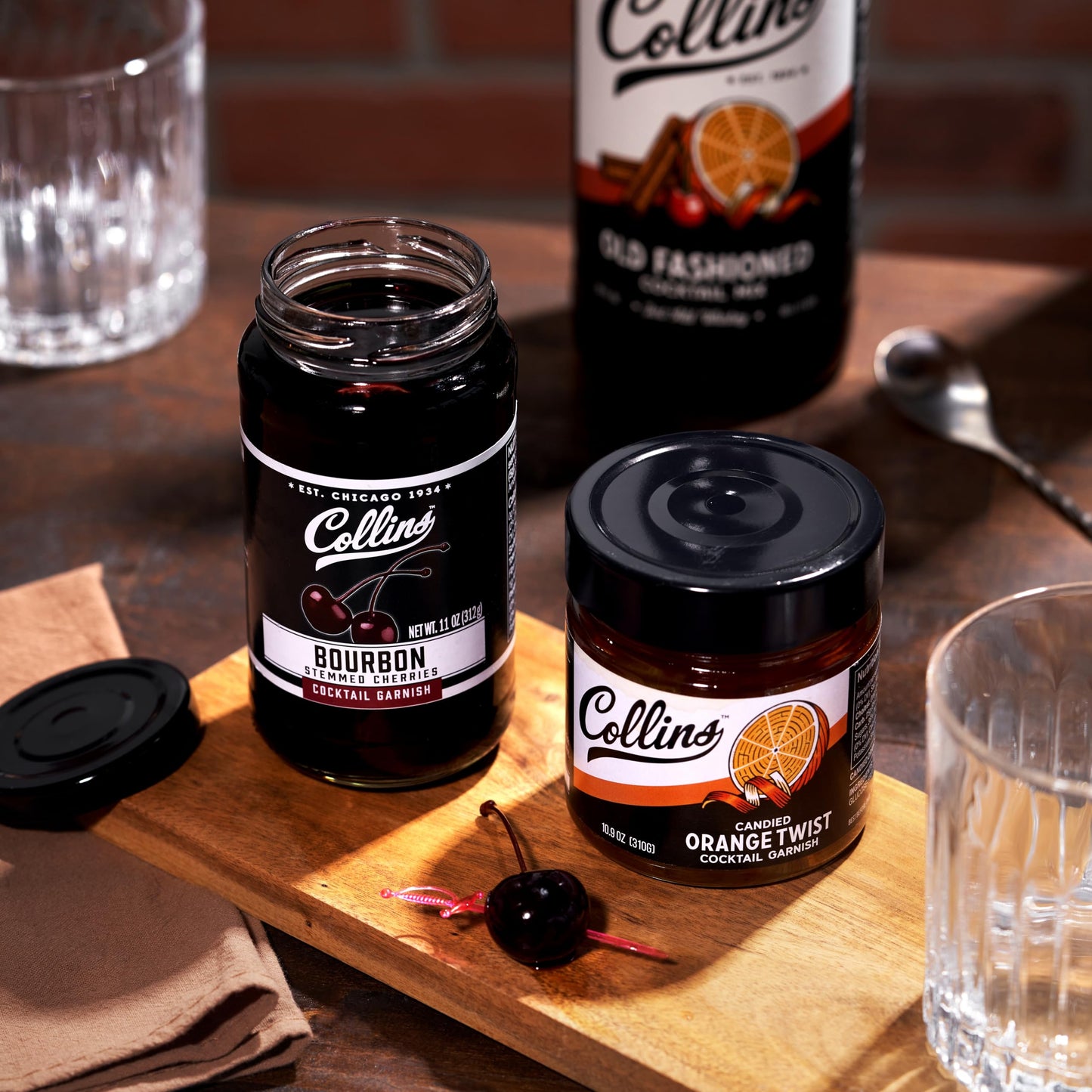 ollins Old Fashioned Kit — Complete Cocktail Set with Mix, Cherries, Orange Garnish & Pick