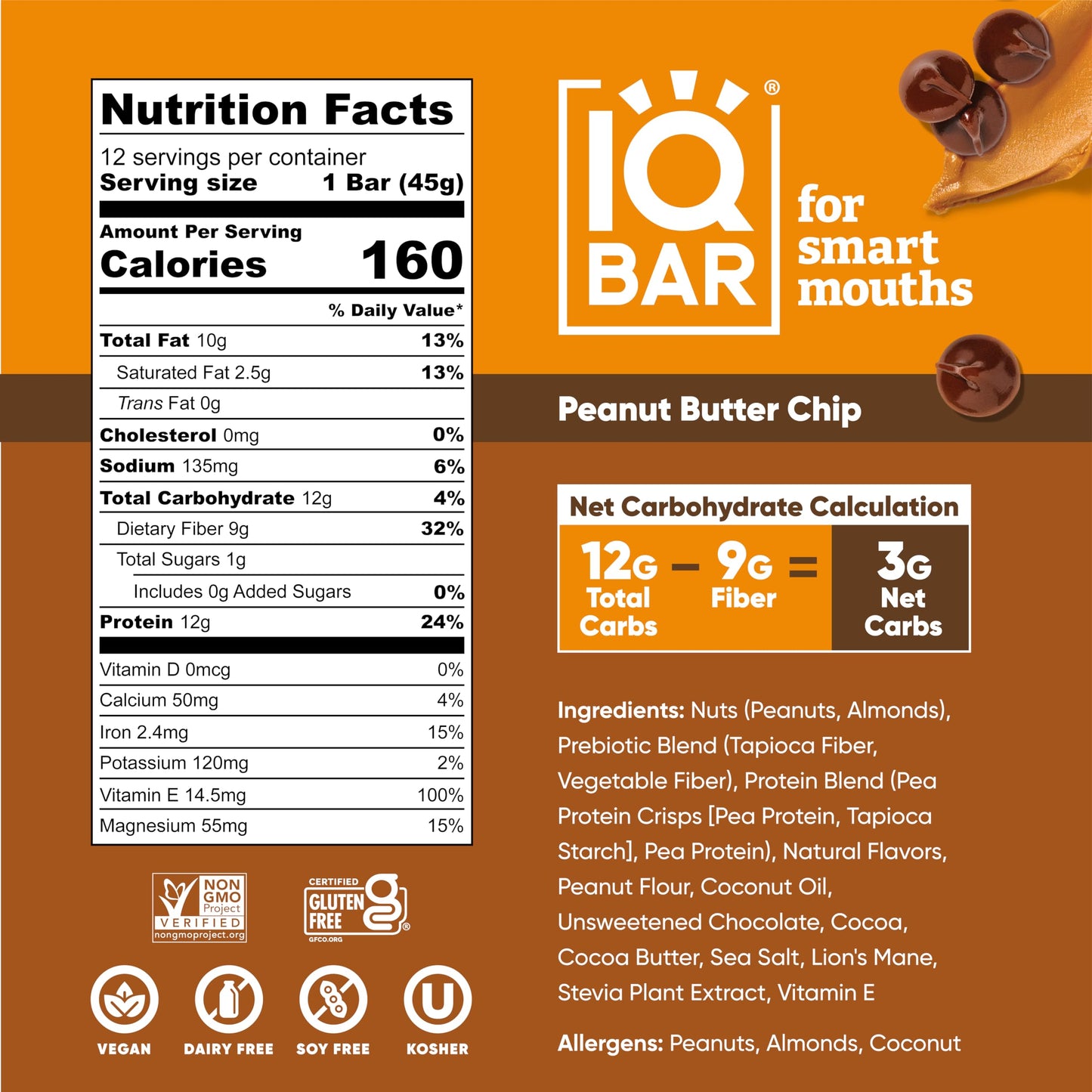 IQBAR Peanut Butter Chip — Keto Protein Bars (12 Pack, 1.6 oz Each)