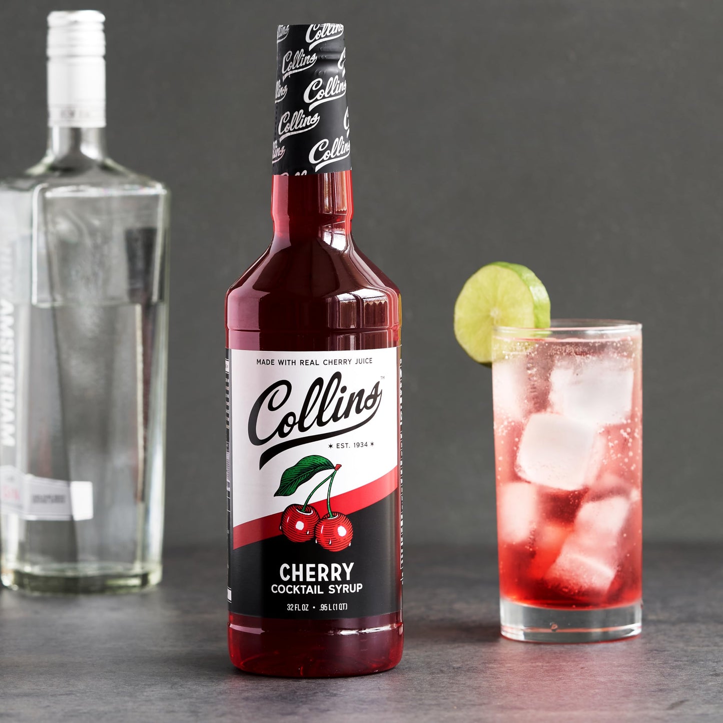 Collins Cherry Syrup with Real Sugar, Maraschino Drink Flavoring Syrups for Cocktails, Dirty Soda, Smoothie, Lemonade, Cocktail Mixers, 32 oz Set of 1