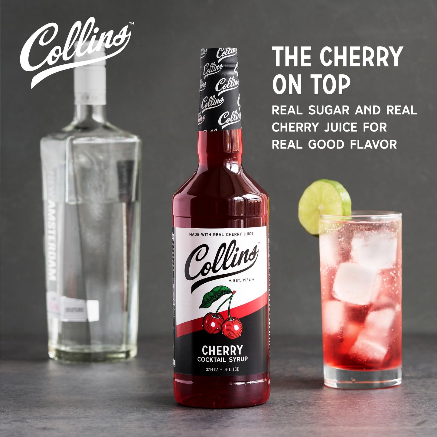 Collins Cherry Syrup with Real Sugar, Maraschino Drink Flavoring Syrups for Cocktails, Dirty Soda, Smoothie, Lemonade, Cocktail Mixers, 32 oz Set of 1