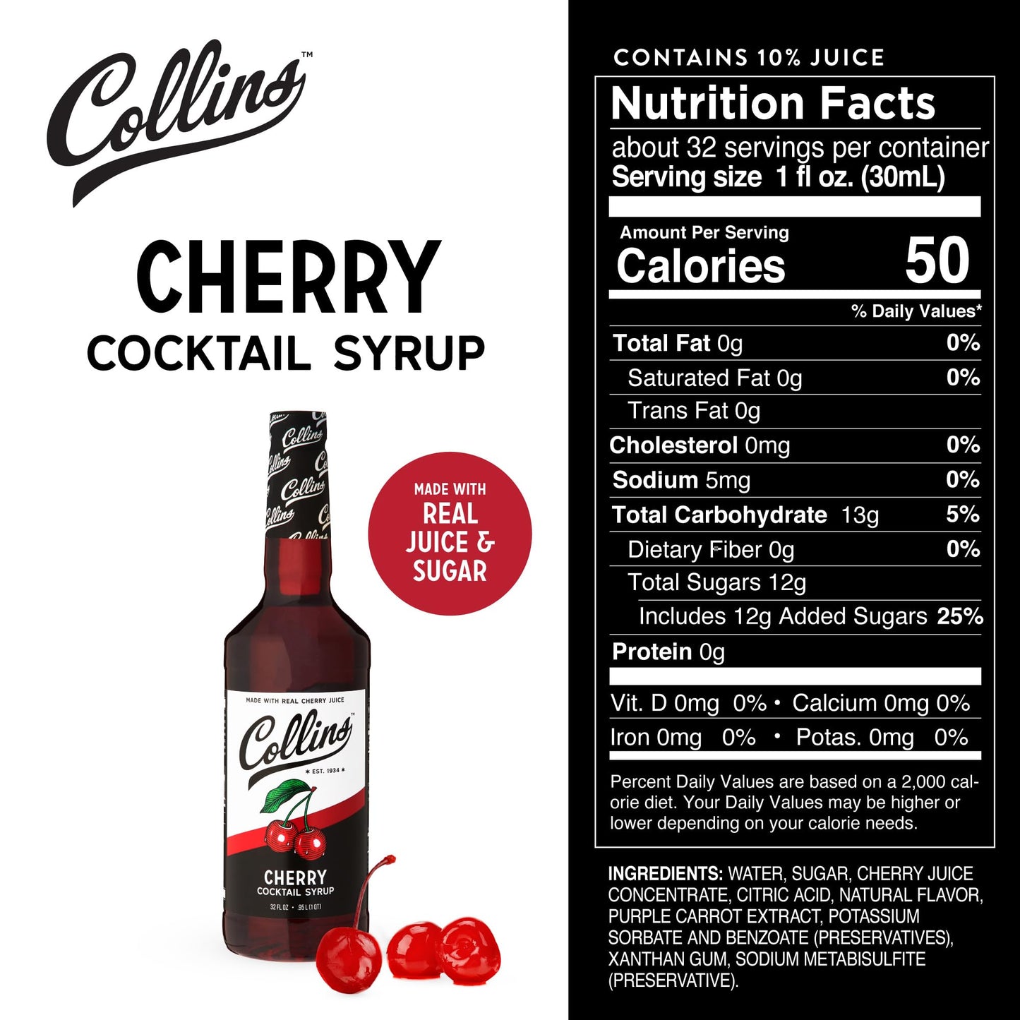 Collins Cherry Syrup with Real Sugar, Maraschino Drink Flavoring Syrups for Cocktails, Dirty Soda, Smoothie, Lemonade, Cocktail Mixers, 32 oz Set of 1