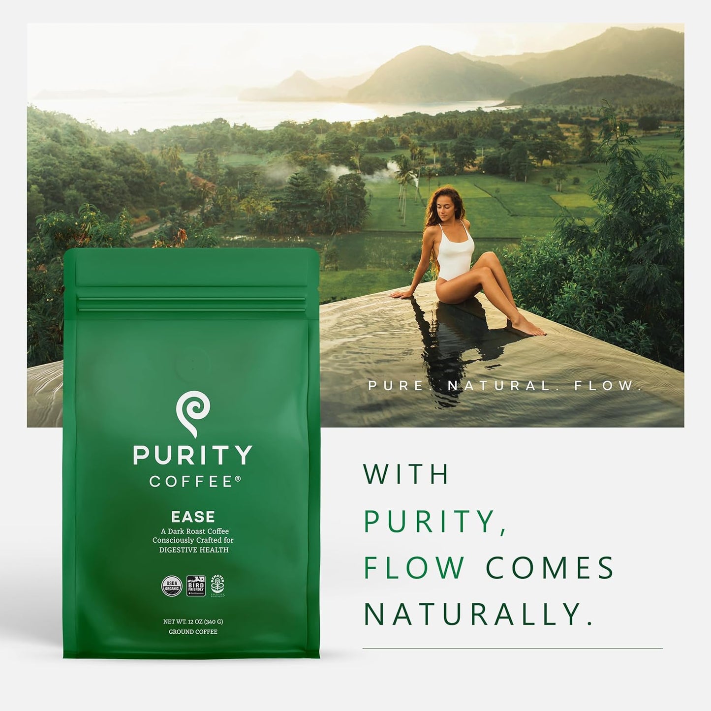 PURITY COFFEE EASE Low Acid Dark Roast Ground (340g Bag) | Specialty-Grade USDA Organic Arabica Blend | Third Party Tested for Mold, Mycotoxins & Pesticides