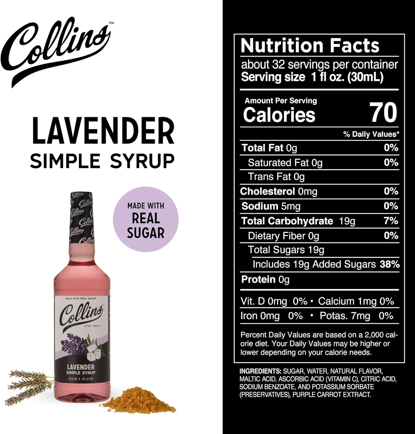 Collins Lavender Simple Real Sugar Syrups-Soda Water Flavors and Cocktail Mixers-32oz Set of 1, Clear