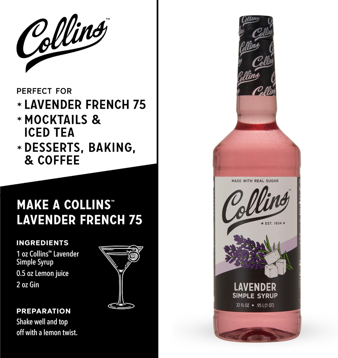 Collins Lavender Simple Real Sugar Syrups-Soda Water Flavors and Cocktail Mixers-32oz Set of 1, Clear
