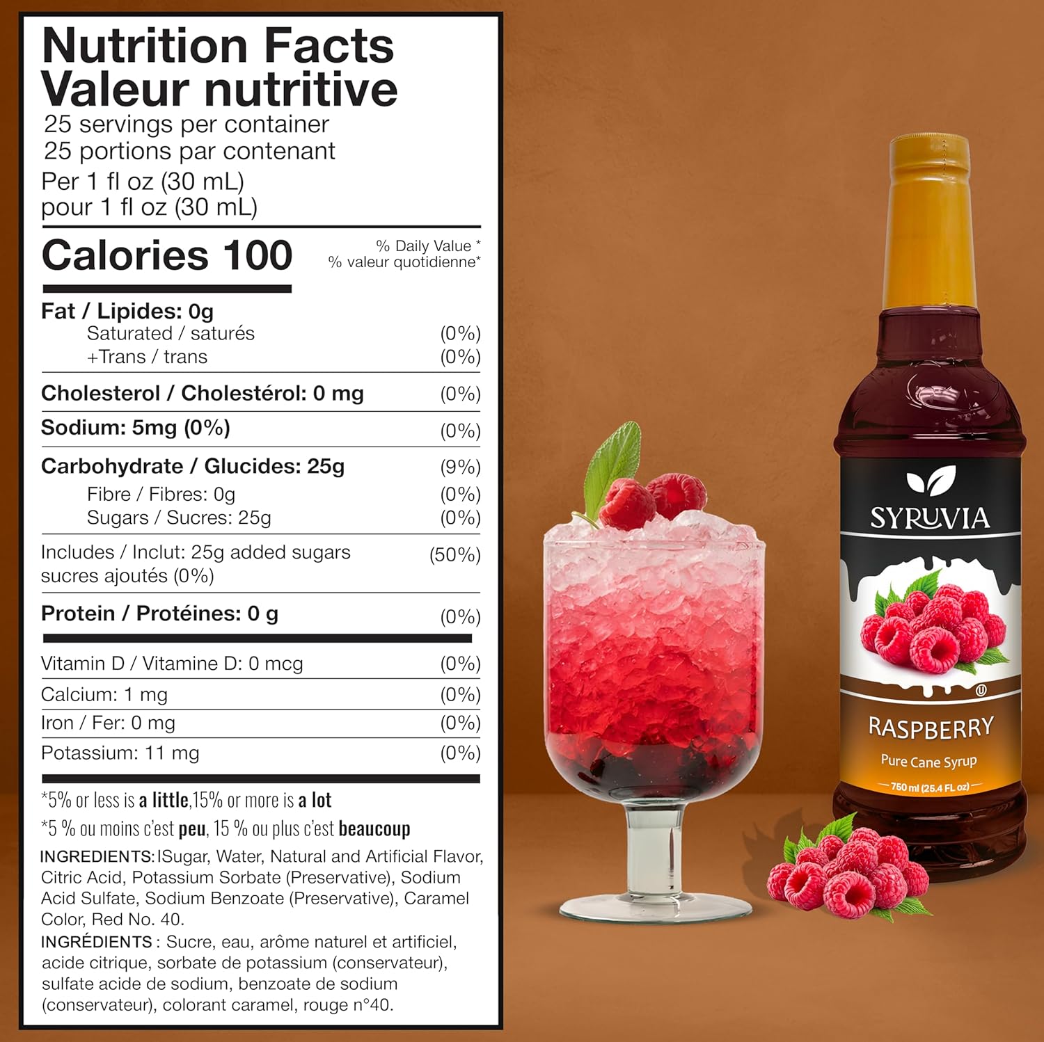 Syruvia Premium Raspberry Syrup - 25.4 fl oz Kosher Raspberry Syrup For Drinks, Dessert, Soda, Smoothies, Gluten-Free, Non-GMO Flavor