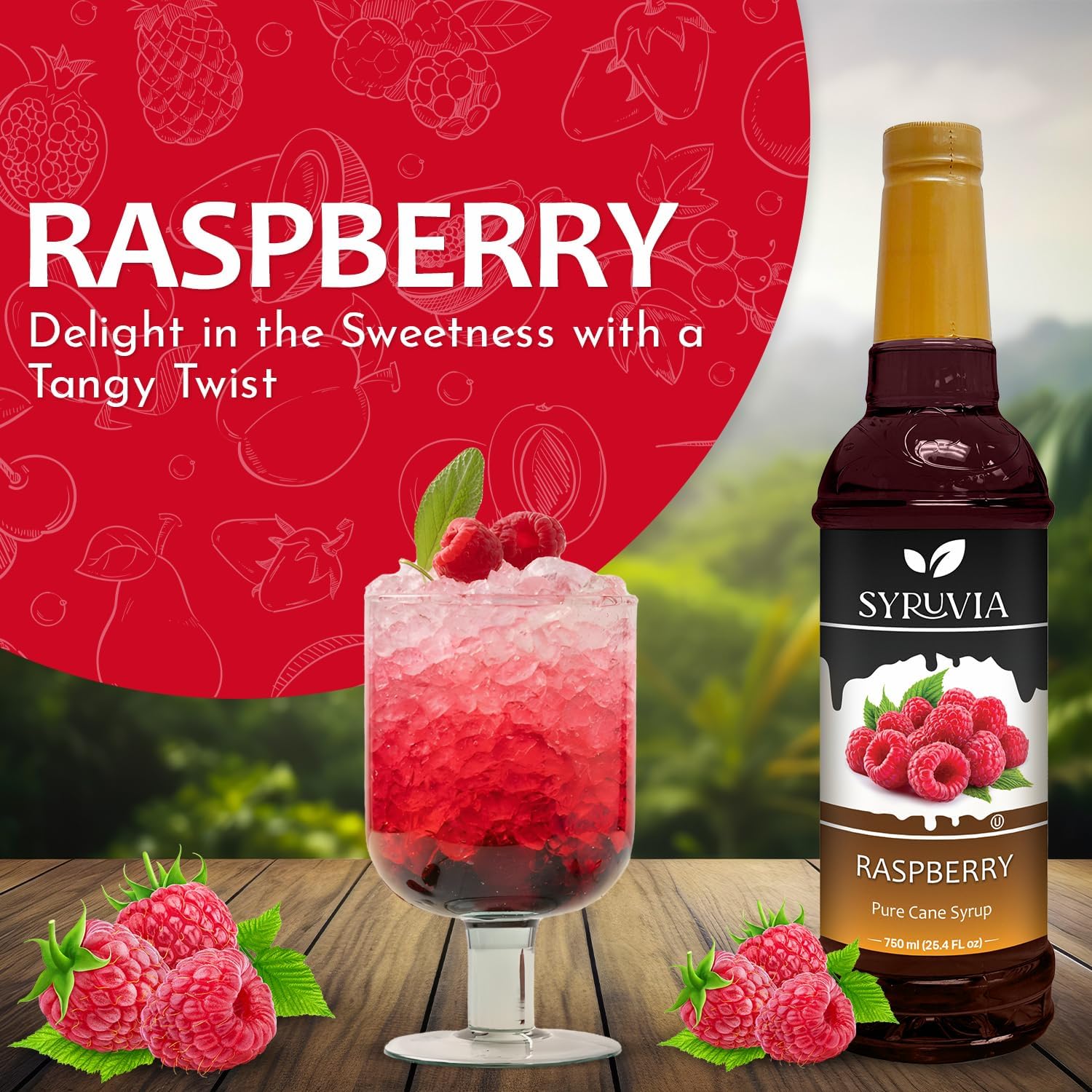 Syruvia Premium Raspberry Syrup - 25.4 fl oz Kosher Raspberry Syrup For Drinks, Dessert, Soda, Smoothies, Gluten-Free, Non-GMO Flavor