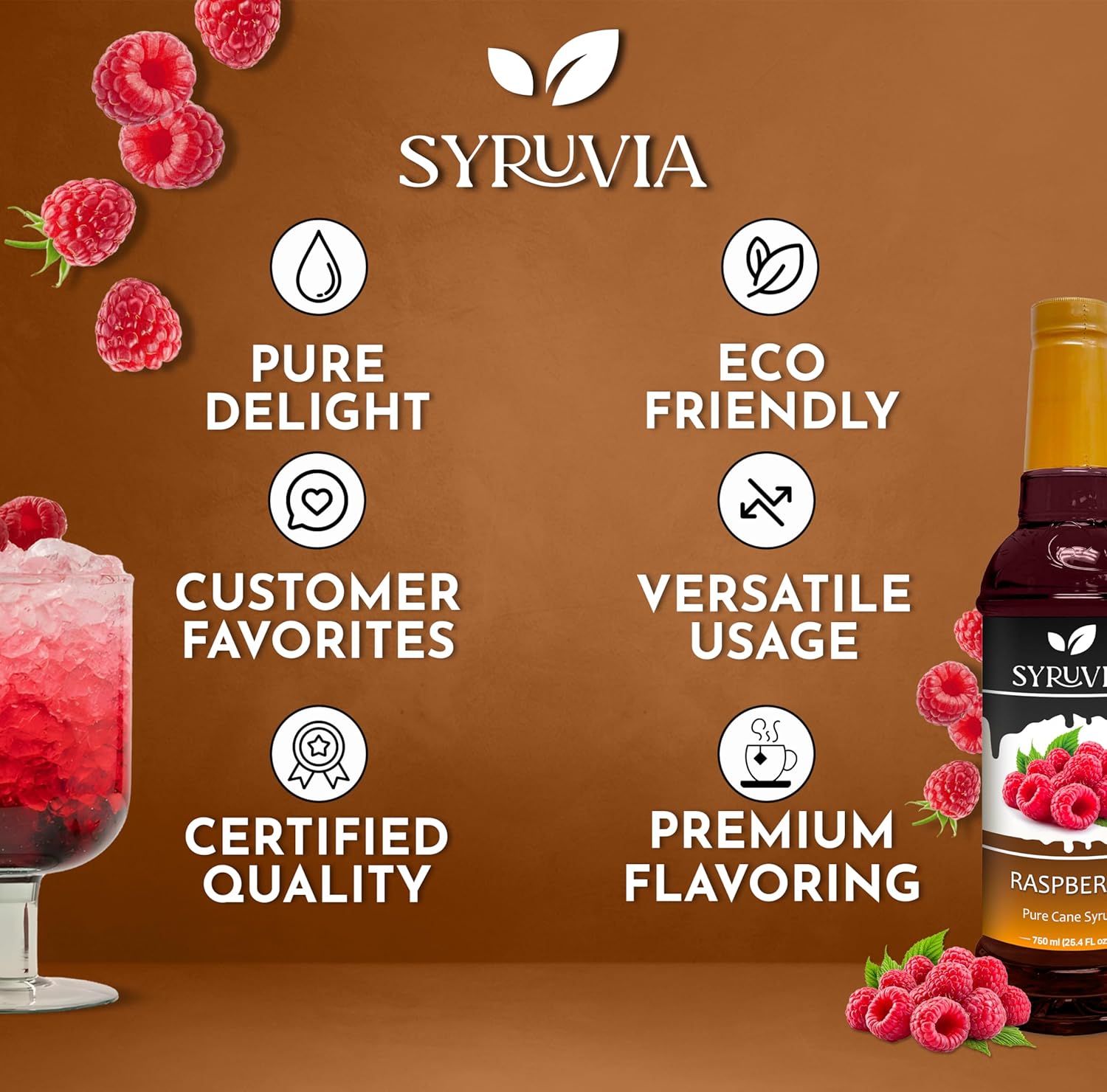 Syruvia Premium Raspberry Syrup - 25.4 fl oz Kosher Raspberry Syrup For Drinks, Dessert, Soda, Smoothies, Gluten-Free, Non-GMO Flavor