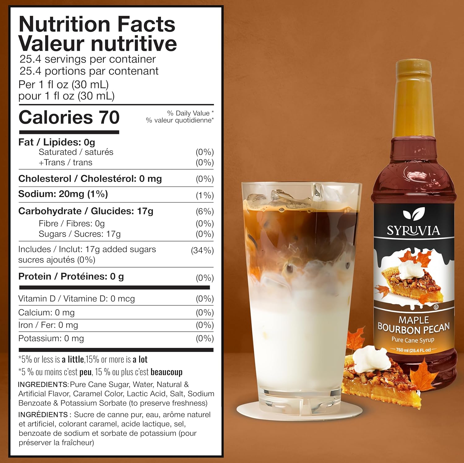 Syruvia Maple Bourbon Pecan Coffee Syrup - 25.4 fl oz Premium Coffee Flavoring Syrup - Kosher Coffee Syrups Perfect for Drinks, Soda, Desserts, and More, Gluten Free, No Coloring