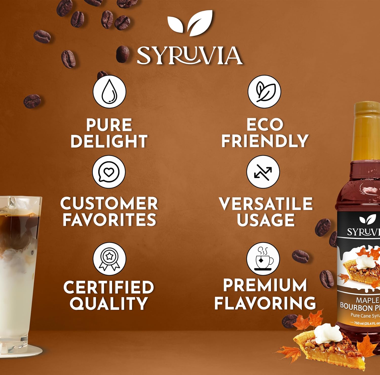 Syruvia Maple Bourbon Pecan Coffee Syrup - 25.4 fl oz Premium Coffee Flavoring Syrup - Kosher Coffee Syrups Perfect for Drinks, Soda, Desserts, and More, Gluten Free, No Coloring