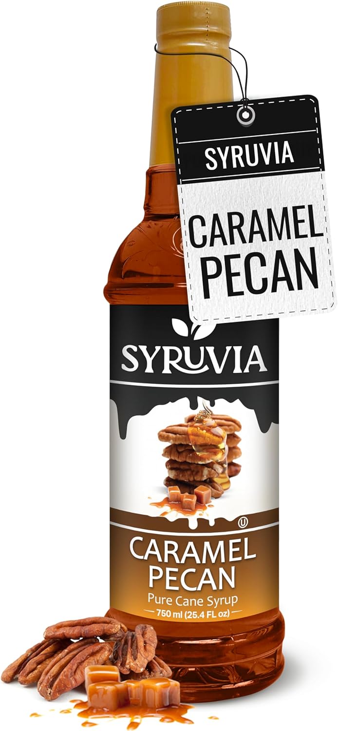 Syruvia Caramel Pecan Coffee Syrup - 25.4 fl oz Premium Coffee Flavoring Syrup - Kosher Coffee Syrups Perfect for Drinks, Soda, Desserts, and More, Gluten Free