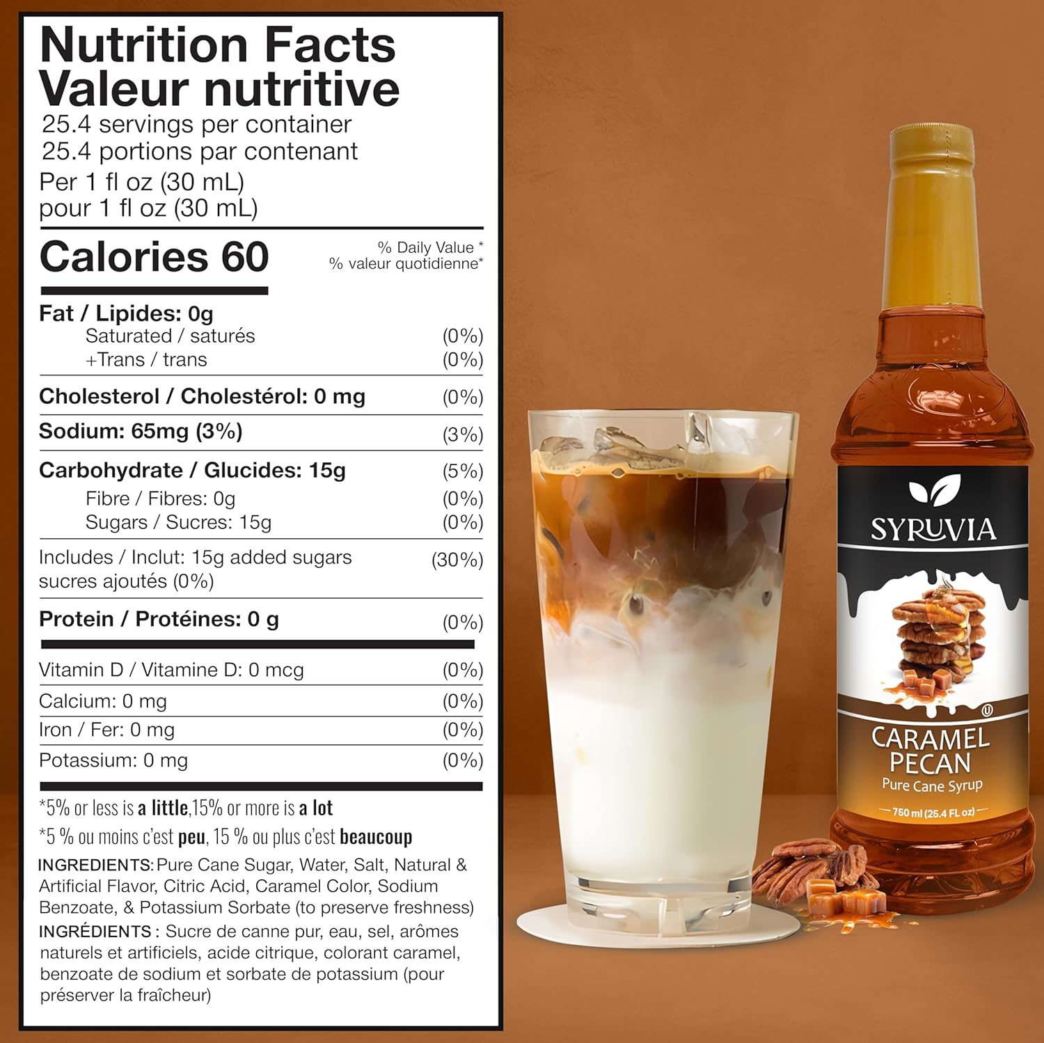Syruvia Caramel Pecan Coffee Syrup - 25.4 fl oz Premium Coffee Flavoring Syrup - Kosher Coffee Syrups Perfect for Drinks, Soda, Desserts, and More, Gluten Free