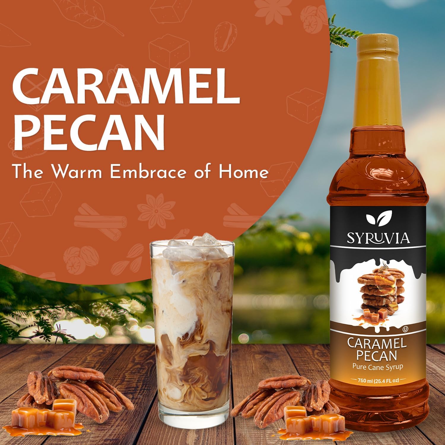 Syruvia Caramel Pecan Coffee Syrup - 25.4 fl oz Premium Coffee Flavoring Syrup - Kosher Coffee Syrups Perfect for Drinks, Soda, Desserts, and More, Gluten Free