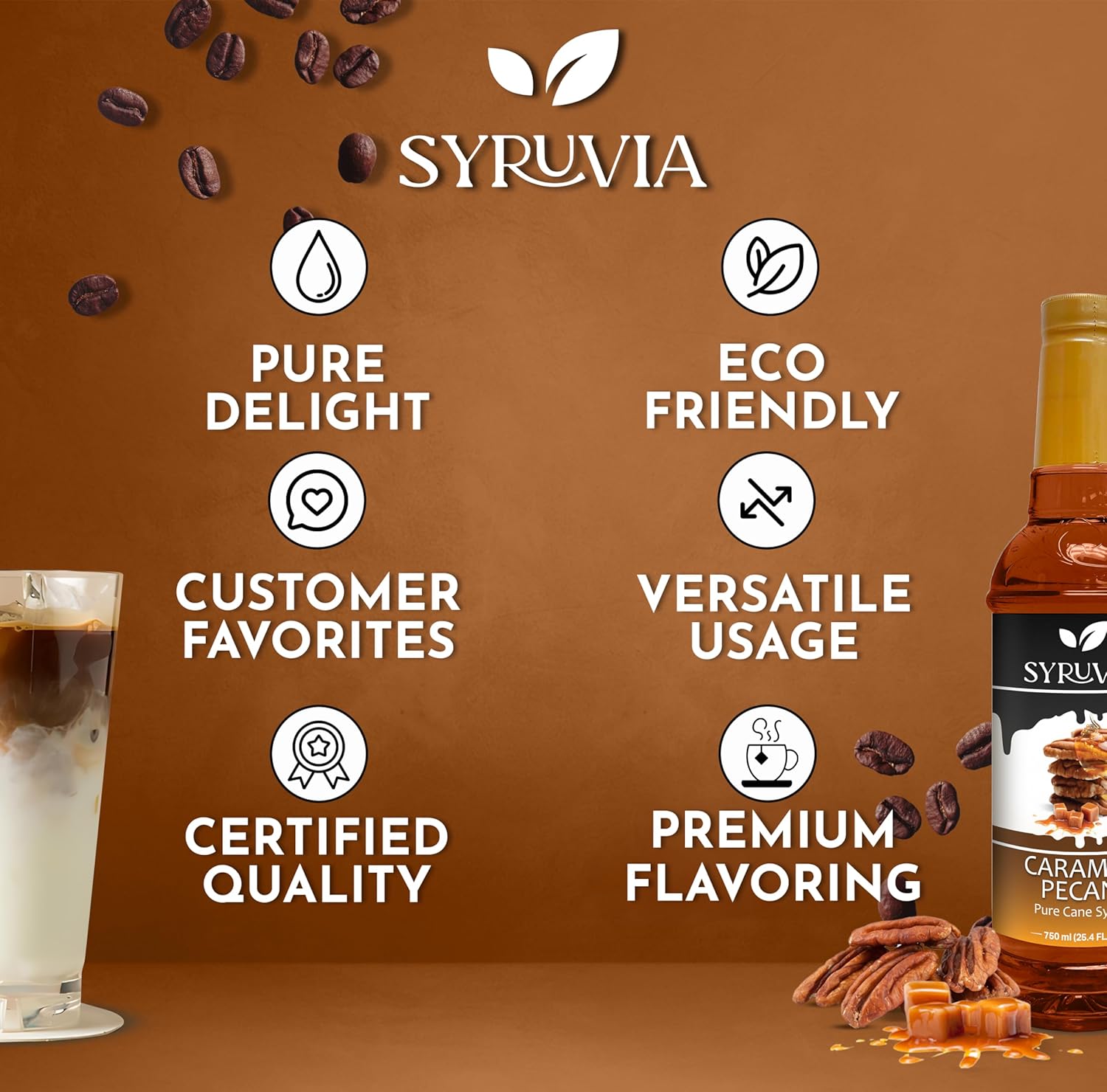 Syruvia Caramel Pecan Coffee Syrup - 25.4 fl oz Premium Coffee Flavoring Syrup - Kosher Coffee Syrups Perfect for Drinks, Soda, Desserts, and More, Gluten Free