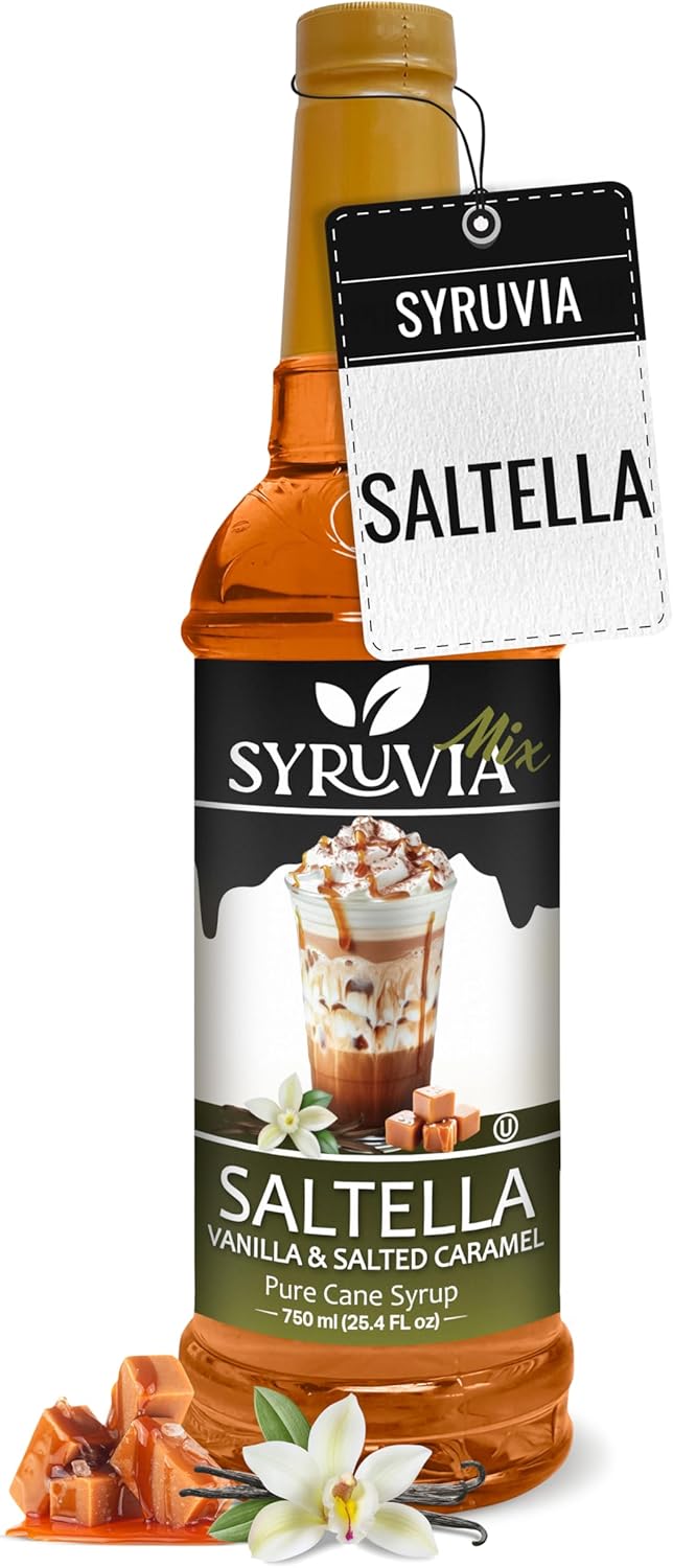 Syruvia SALTELLA Coffee Syrup Vanilla Salted Caramel - 25.4 fl oz Premium Coffee Flavoring Syrup - Kosher Syrups, Gluten Free, No Coloring, Perfect for Drinks, Soda, Shakes, Desserts, and More