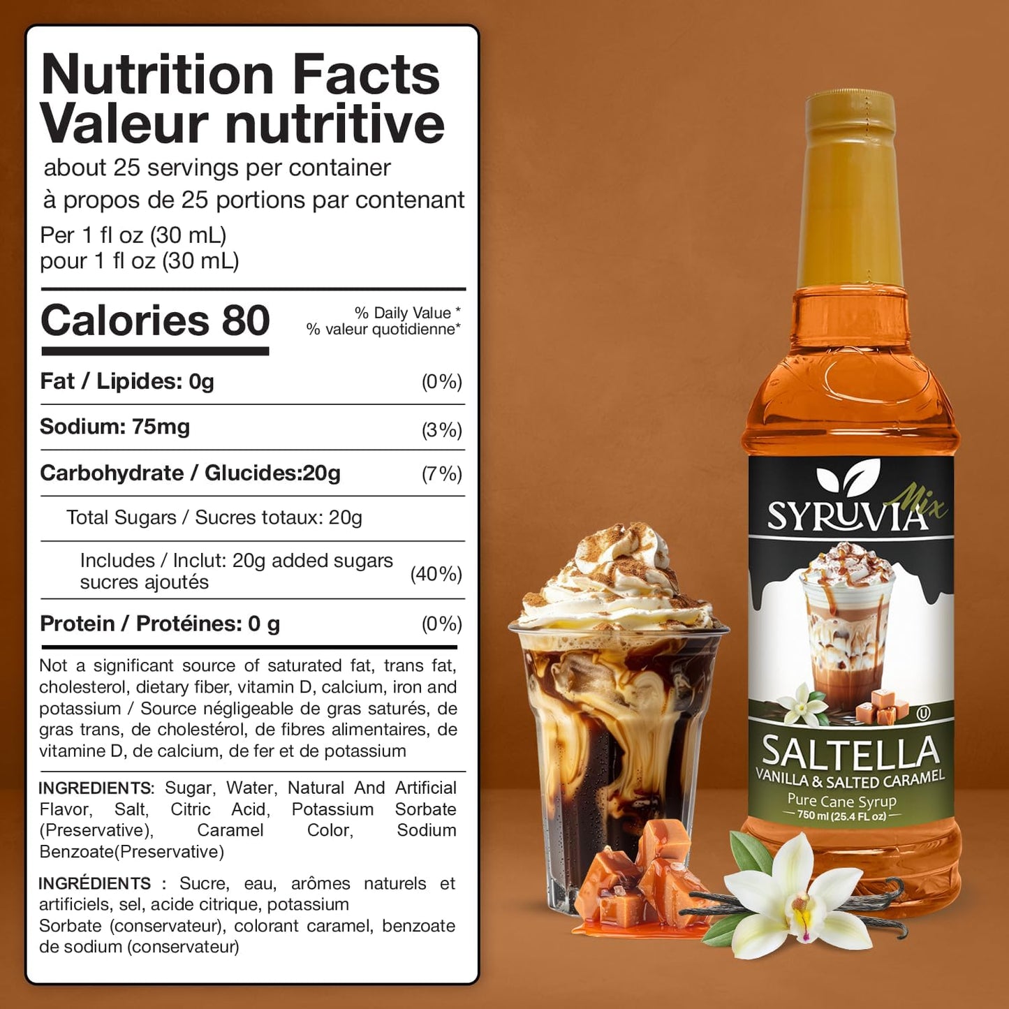 Syruvia SALTELLA Coffee Syrup Vanilla Salted Caramel - 25.4 fl oz Premium Coffee Flavoring Syrup - Kosher Syrups, Gluten Free, No Coloring, Perfect for Drinks, Soda, Shakes, Desserts, and More