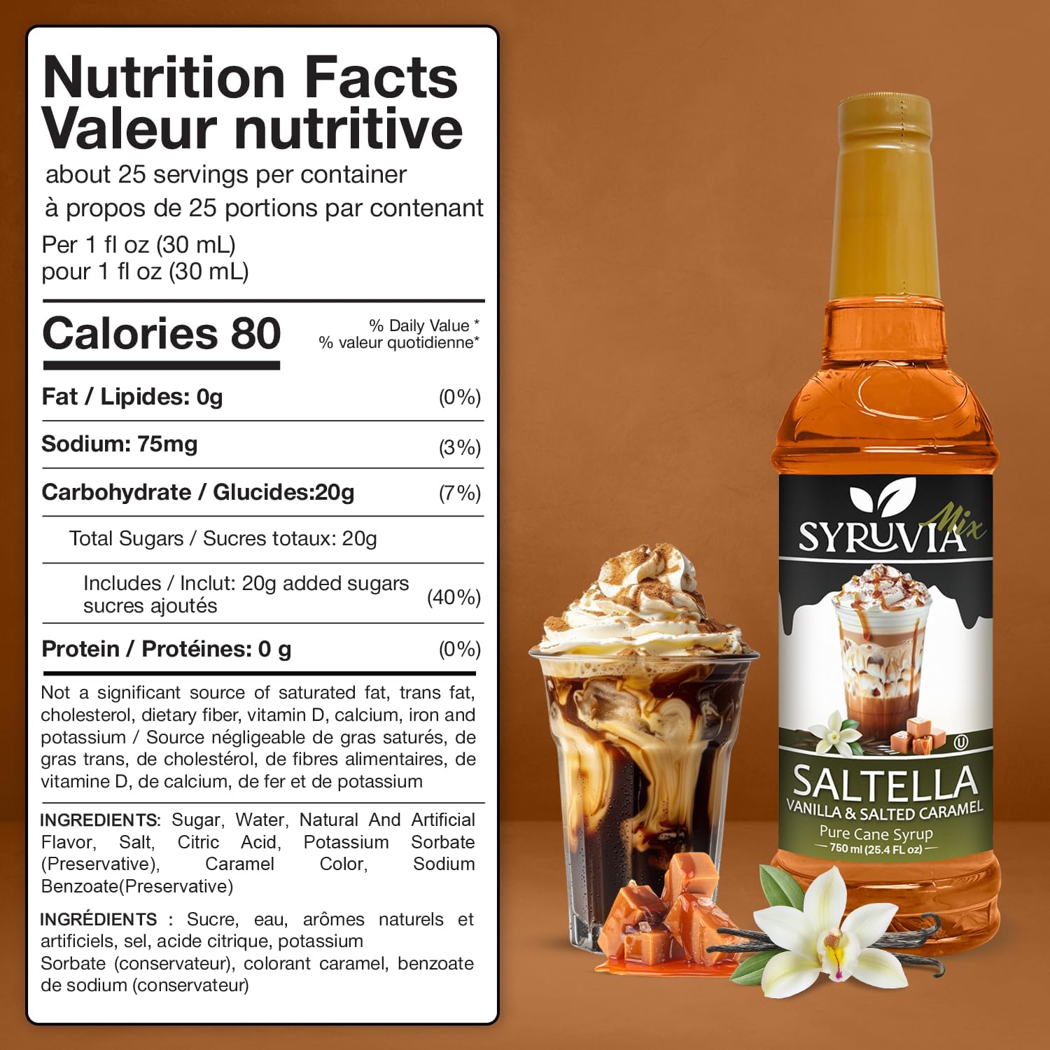 Syruvia SALTELLA Coffee Syrup Vanilla Salted Caramel - 25.4 fl oz Premium Coffee Flavoring Syrup - Kosher Syrups, Gluten Free, No Coloring, Perfect for Drinks, Soda, Shakes, Desserts, and More