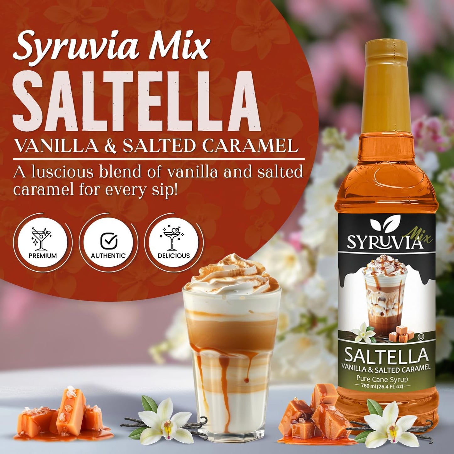 Syruvia SALTELLA Coffee Syrup Vanilla Salted Caramel - 25.4 fl oz Premium Coffee Flavoring Syrup - Kosher Syrups, Gluten Free, No Coloring, Perfect for Drinks, Soda, Shakes, Desserts, and More