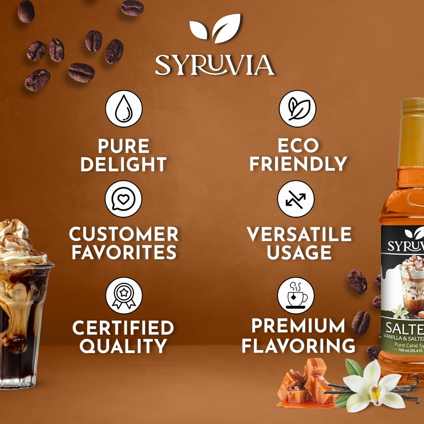 Syruvia SALTELLA Coffee Syrup Vanilla Salted Caramel - 25.4 fl oz Premium Coffee Flavoring Syrup - Kosher Syrups, Gluten Free, No Coloring, Perfect for Drinks, Soda, Shakes, Desserts, and More