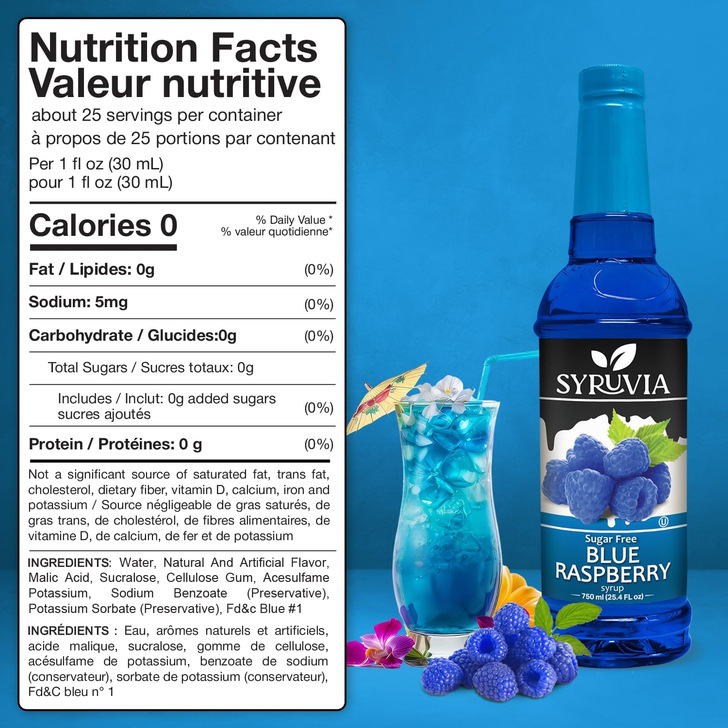 Syruvia Sugar-Free Blue Raspberry Flavored Syrup - 25.4 fl oz Premium Flavoring Syrup - 0 Calorie- Kosher Flavored Syrups, Gluten Free, Perfect for Drinks, Soda, Shakes, Cocktails, Desserts, and More