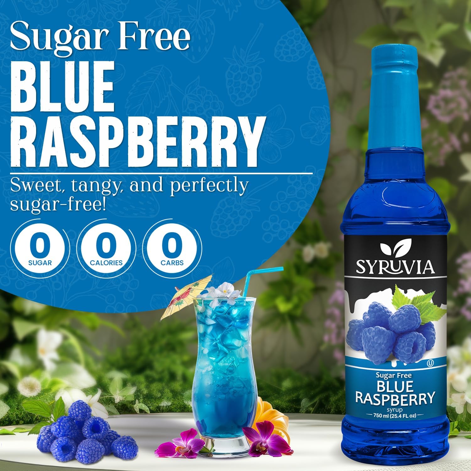 Syruvia Sugar-Free Blue Raspberry Flavored Syrup - 25.4 fl oz Premium Flavoring Syrup - 0 Calorie- Kosher Flavored Syrups, Gluten Free, Perfect for Drinks, Soda, Shakes, Cocktails, Desserts, and More