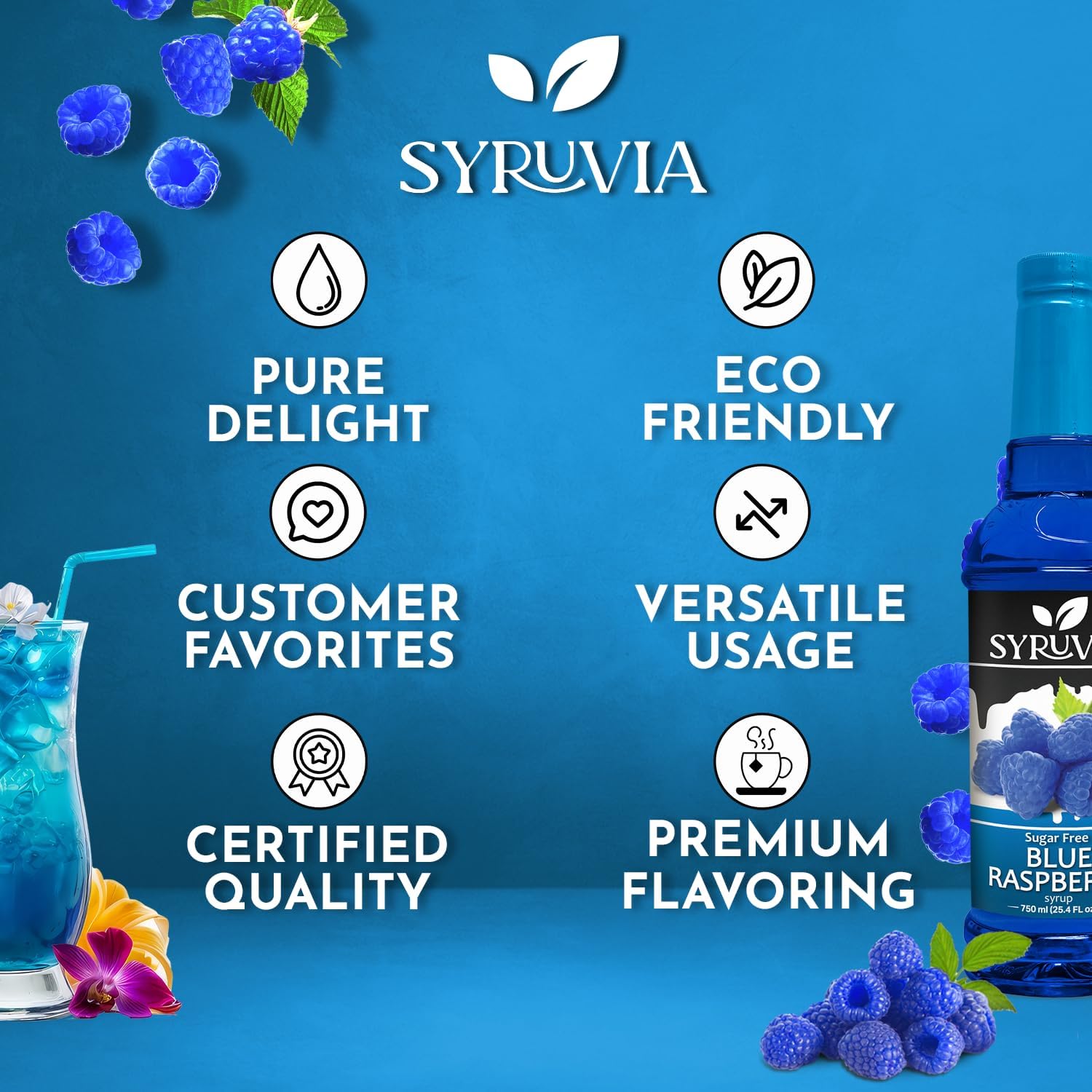Syruvia Sugar-Free Blue Raspberry Flavored Syrup - 25.4 fl oz Premium Flavoring Syrup - 0 Calorie- Kosher Flavored Syrups, Gluten Free, Perfect for Drinks, Soda, Shakes, Cocktails, Desserts, and More