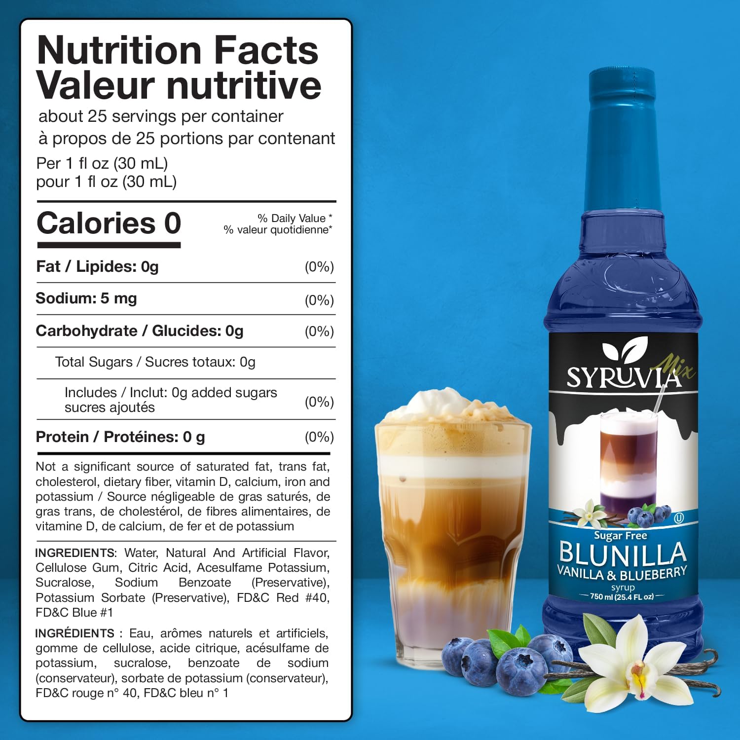 Syruvia Sugar Free BLUNILLA Coffee Syrup Vanilla Blueberry - 25.4 fl oz Premium Coffee Flavoring Syrup - 0 Calorie- Kosher Syrups, Gluten Free