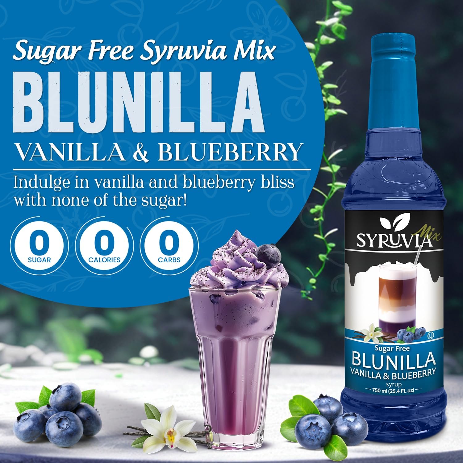 Syruvia Sugar Free BLUNILLA Coffee Syrup Vanilla Blueberry - 25.4 fl oz Premium Coffee Flavoring Syrup - 0 Calorie- Kosher Syrups, Gluten Free