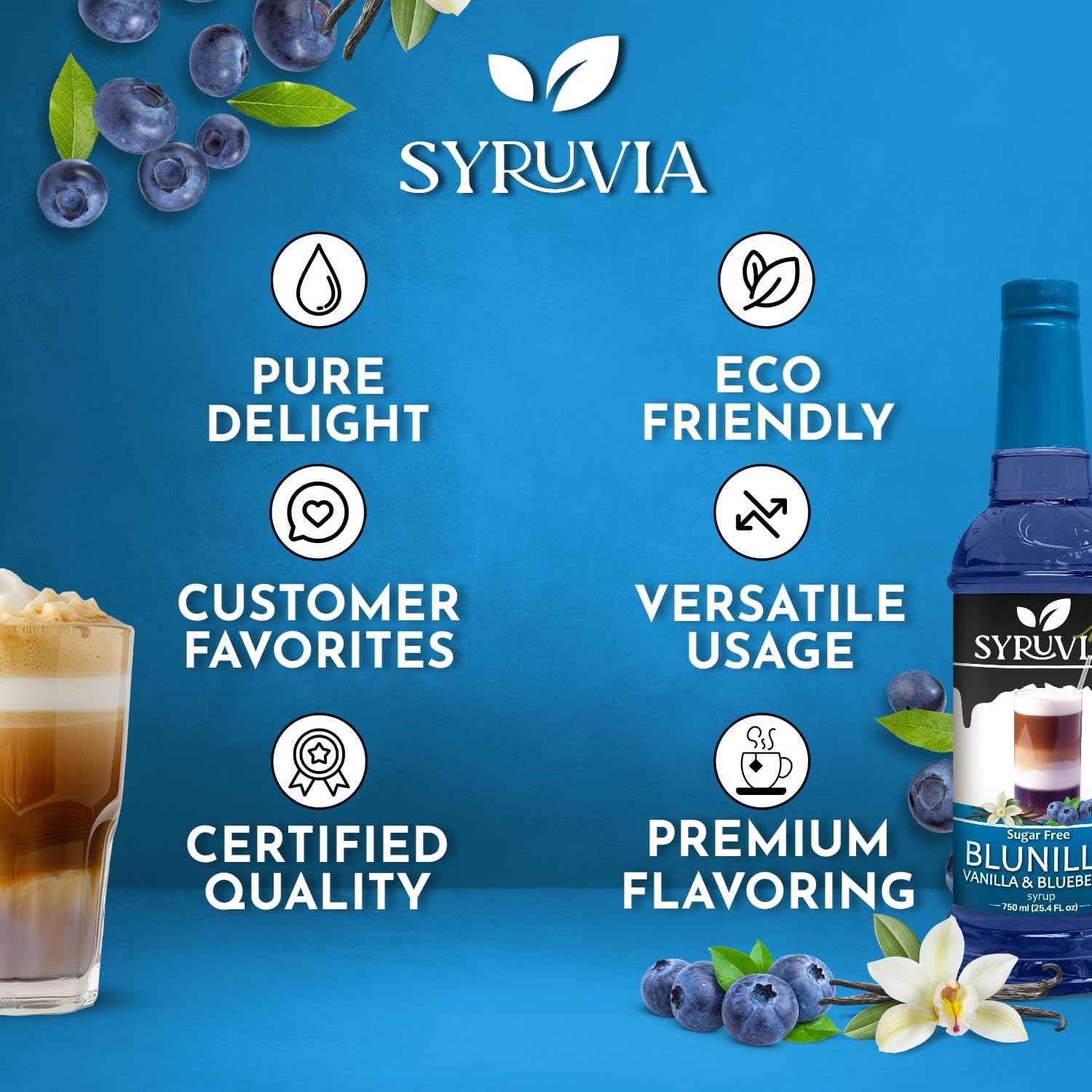 Syruvia Sugar Free BLUNILLA Coffee Syrup Vanilla Blueberry - 25.4 fl oz Premium Coffee Flavoring Syrup - 0 Calorie- Kosher Syrups, Gluten Free