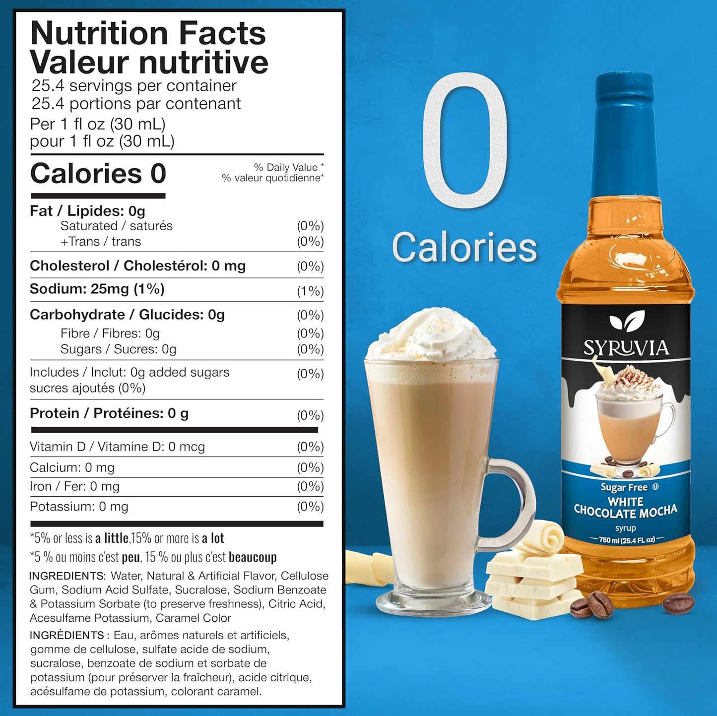 Syruvia Sugar-Free white chocolate mocha Coffee Syrup - 25.4 fl oz Premium Coffee Flavoring Syrup - 0 Calorie- Kosher Coffee Syrups, Gluten Free, Perfect for Drinks, Soda, Shakes, Desserts, and More.