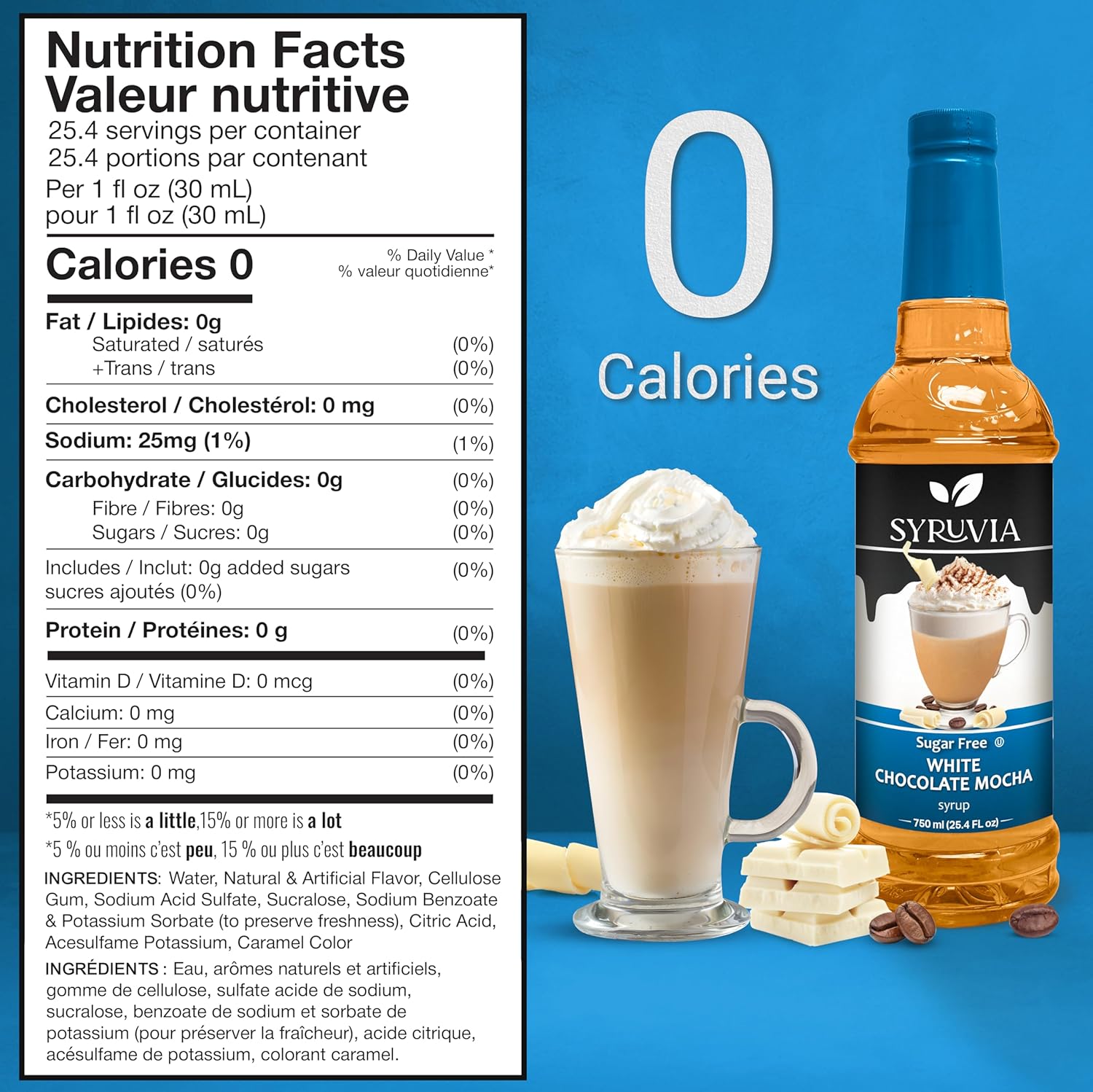 Syruvia Sugar-Free white chocolate mocha Coffee Syrup - 25.4 fl oz Premium Coffee Flavoring Syrup - 0 Calorie- Kosher Coffee Syrups, Gluten Free, Perfect for Drinks, Soda, Shakes, Desserts, and More.