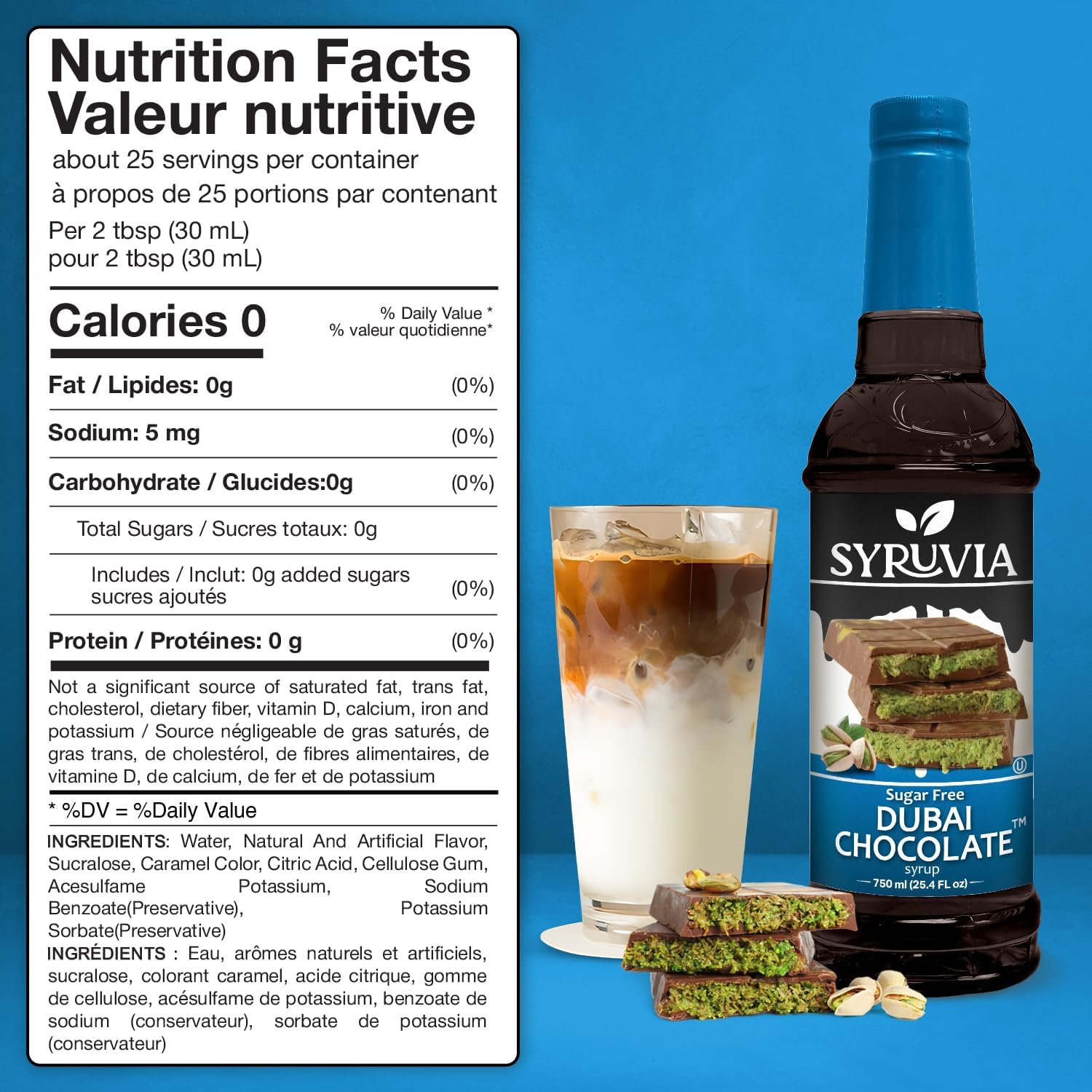 Syruvia Sugar Free Dubai Chocolate Coffee Syrup - 25.4 fl oz Premium Coffee Flavoring Syrup - 0 Calorie- Kosher Coffee Syrups, Gluten Free, Perfect for Drinks, Soda, Shakes, Desserts and More