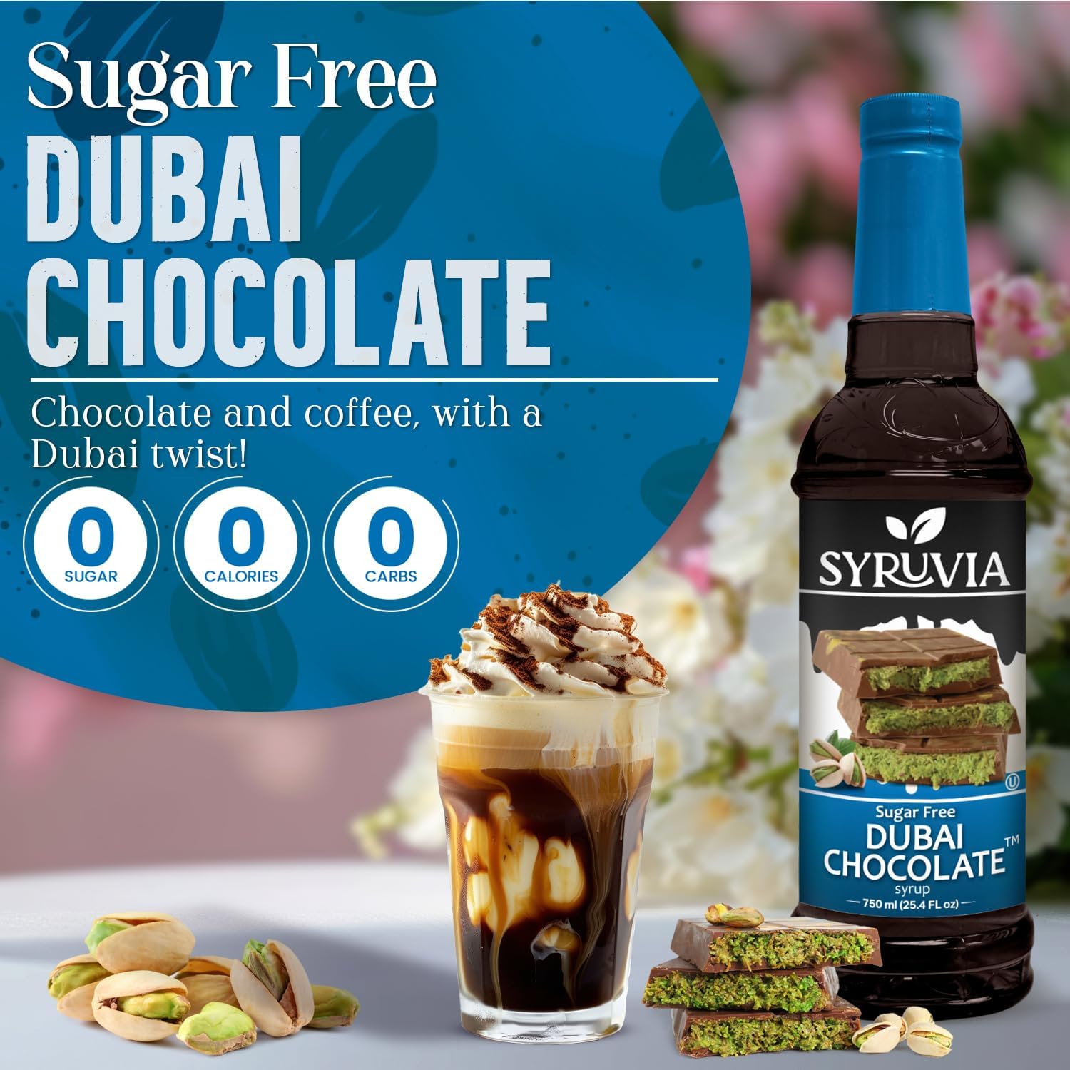 Syruvia Sugar Free Dubai Chocolate Coffee Syrup - 25.4 fl oz Premium Coffee Flavoring Syrup - 0 Calorie- Kosher Coffee Syrups, Gluten Free, Perfect for Drinks, Soda, Shakes, Desserts and More