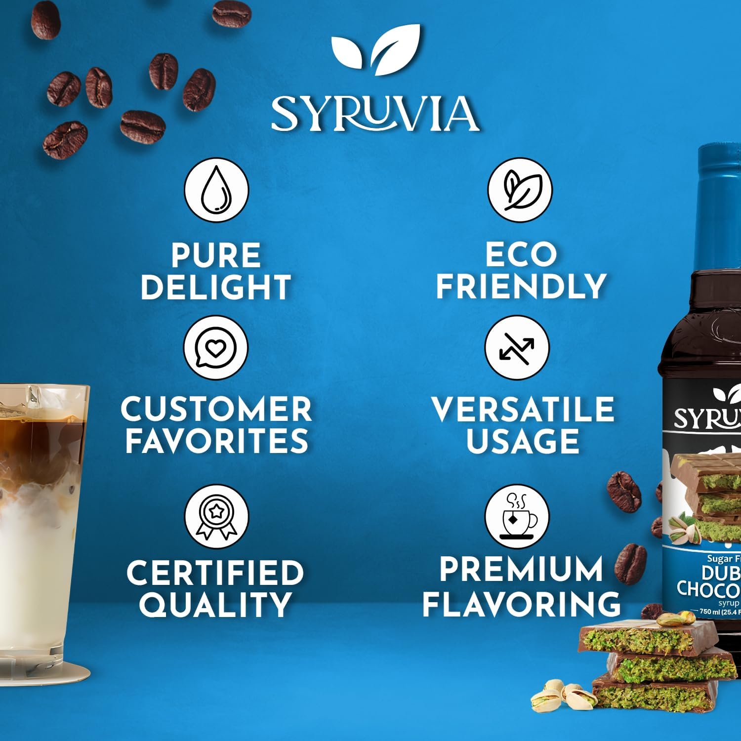 Syruvia Sugar Free Dubai Chocolate Coffee Syrup - 25.4 fl oz Premium Coffee Flavoring Syrup - 0 Calorie- Kosher Coffee Syrups, Gluten Free, Perfect for Drinks, Soda, Shakes, Desserts and More