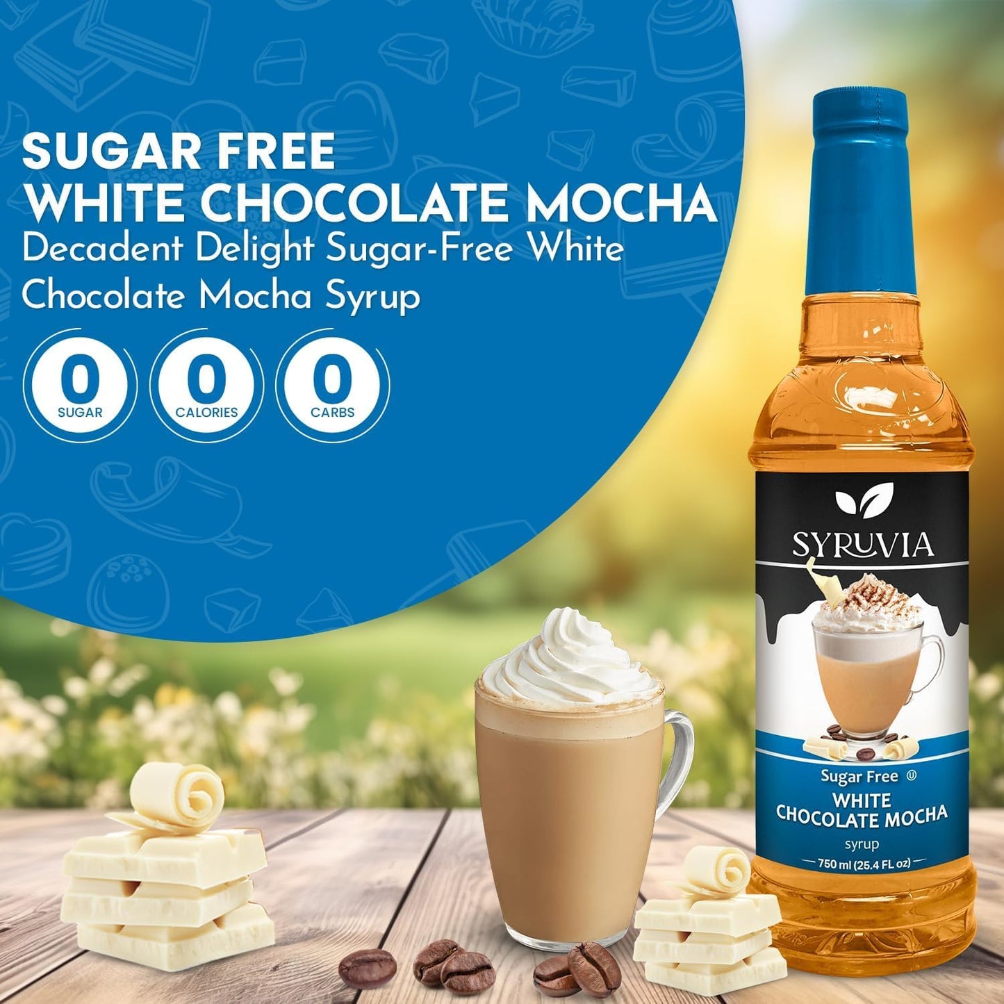 Syruvia Sugar-Free white chocolate mocha Coffee Syrup - 25.4 fl oz Premium Coffee Flavoring Syrup - 0 Calorie- Kosher Coffee Syrups, Gluten Free, Perfect for Drinks, Soda, Shakes, Desserts, and More.