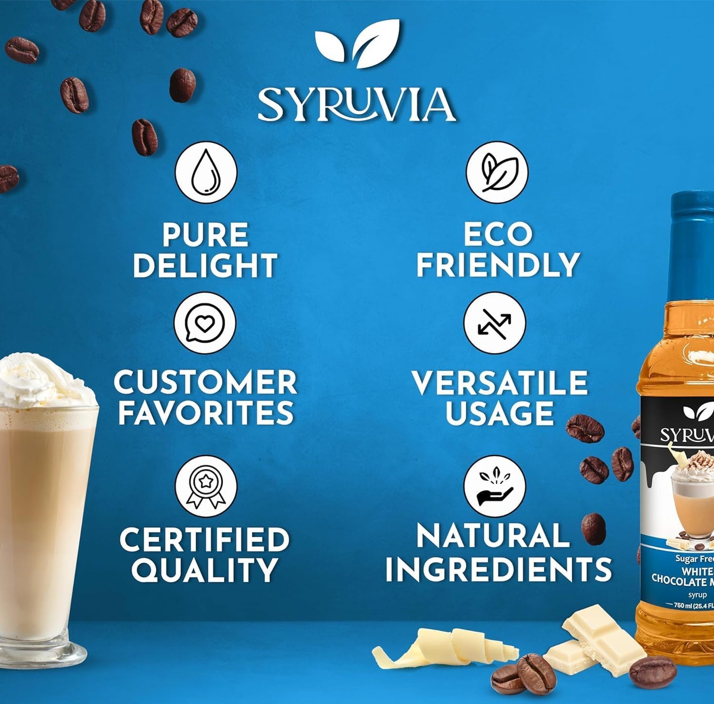 Syruvia Sugar-Free white chocolate mocha Coffee Syrup - 25.4 fl oz Premium Coffee Flavoring Syrup - 0 Calorie- Kosher Coffee Syrups, Gluten Free, Perfect for Drinks, Soda, Shakes, Desserts, and More.