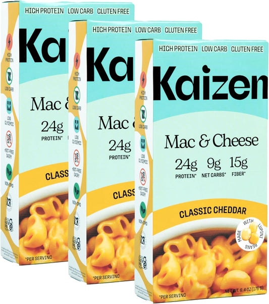 Kaizen High Protein Cheddar Mac & Cheese - Low Carb, Keto Friendly, High Fiber, Gluten-Free, Plant-Based, Non-GMO - 6.4 Ounces (Pack of 3)