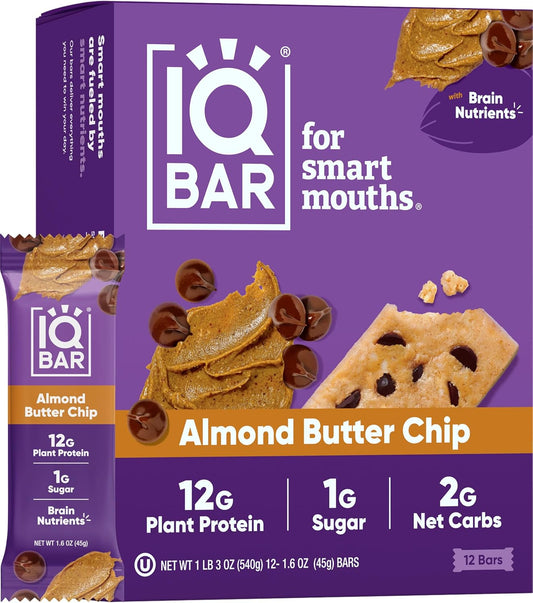 IQBAR Brain Body Keto Protein Bars - Almond Butter Chip Bars 12 - Count Energy Bar - Low Carb High Fiber Vegan Bars Low Sugar Meal Bars - Vegan Snacks