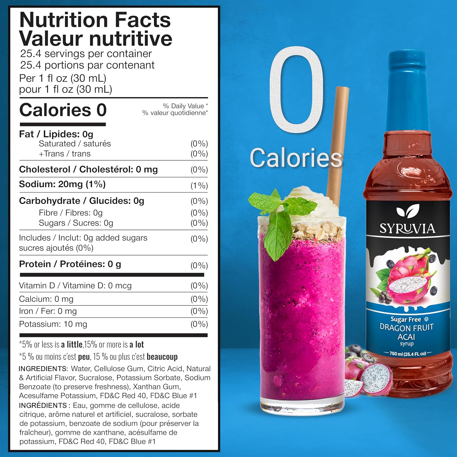 Syruvia Sugar-Free Dragon Fruit Acai Syrup - Kosher, Gluten Free Skinny Drink Perfect for Beverages & Desserts (25.4 fl oz)