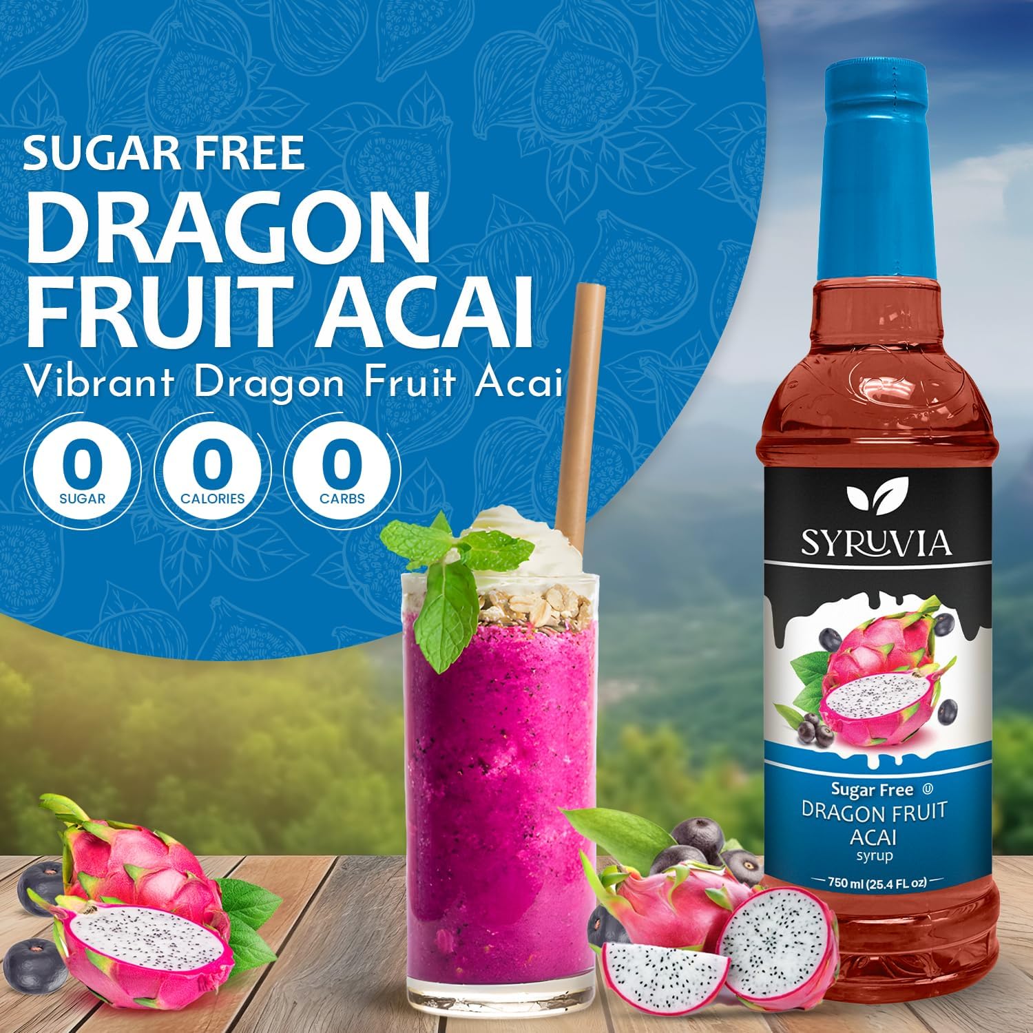 Syruvia Sugar-Free Dragon Fruit Acai Syrup - Kosher, Gluten Free Skinny Drink Perfect for Beverages & Desserts (25.4 fl oz)