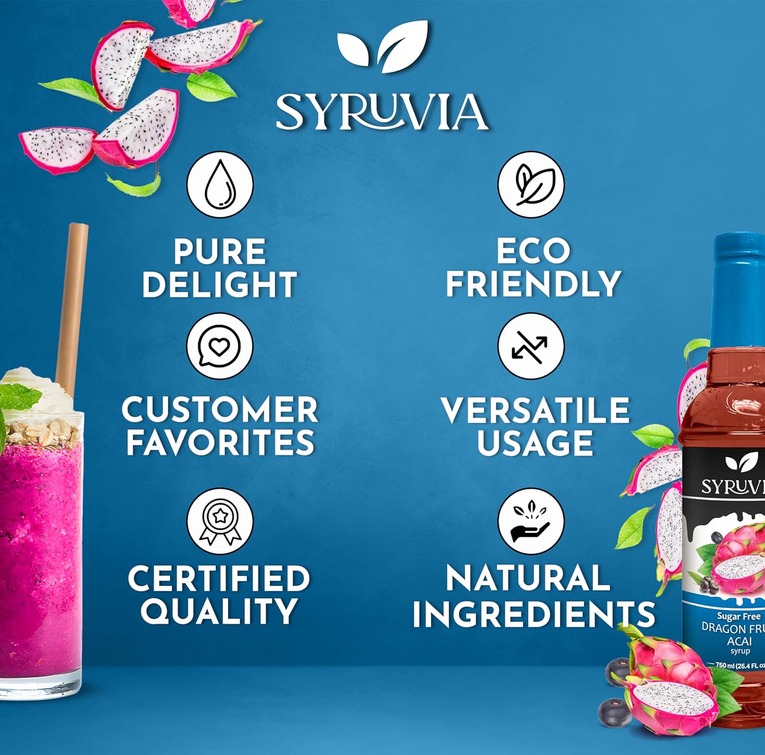 Syruvia Sugar-Free Dragon Fruit Acai Syrup - Kosher, Gluten Free Skinny Drink Perfect for Beverages & Desserts (25.4 fl oz)
