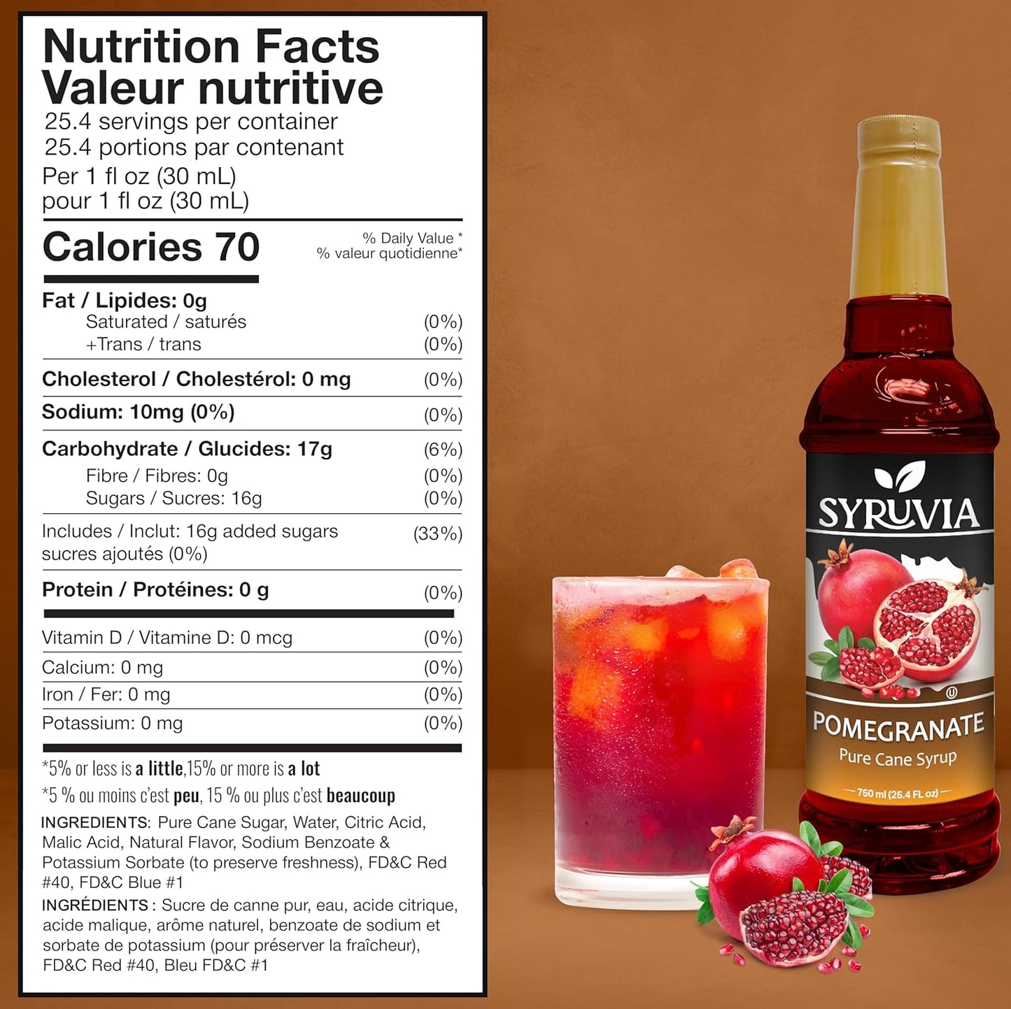 Syruvia Pomegranate Syrup - Premium Flavoring Syrup for Tea, Italian Sodas, Beverages, Desserts, Ice Cream, Cocktails & Mocktails - Kosher, Gluten Free - 25.4 fl oz.