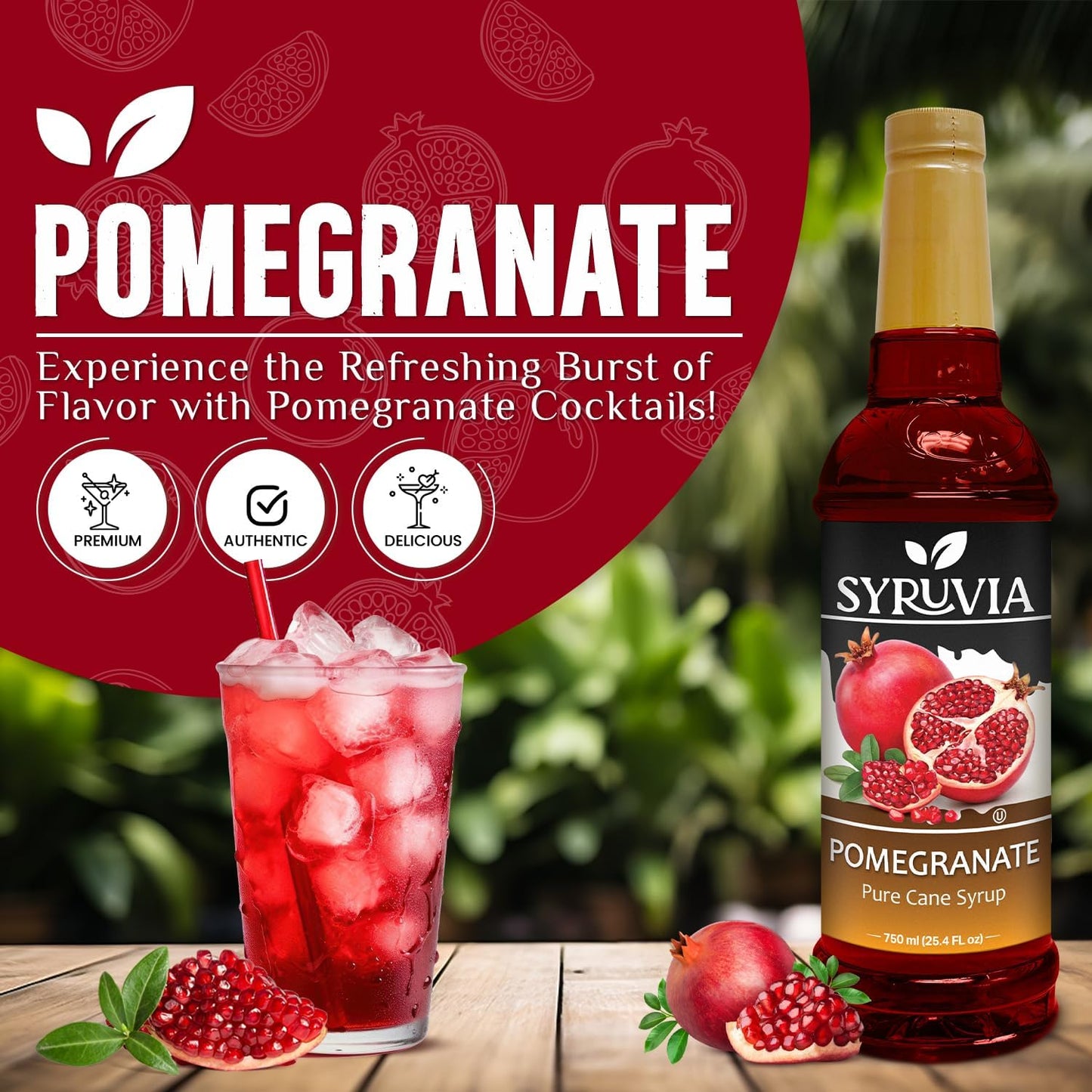 Syruvia Pomegranate Syrup - Premium Flavoring Syrup for Tea, Italian Sodas, Beverages, Desserts, Ice Cream, Cocktails & Mocktails - Kosher, Gluten Free - 25.4 fl oz.