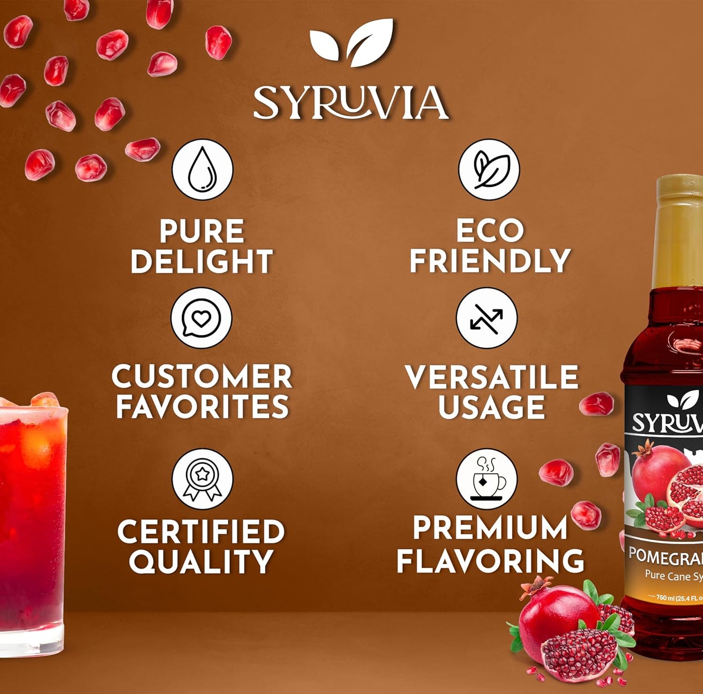 Syruvia Pomegranate Syrup - Premium Flavoring Syrup for Tea, Italian Sodas, Beverages, Desserts, Ice Cream, Cocktails & Mocktails - Kosher, Gluten Free - 25.4 fl oz.