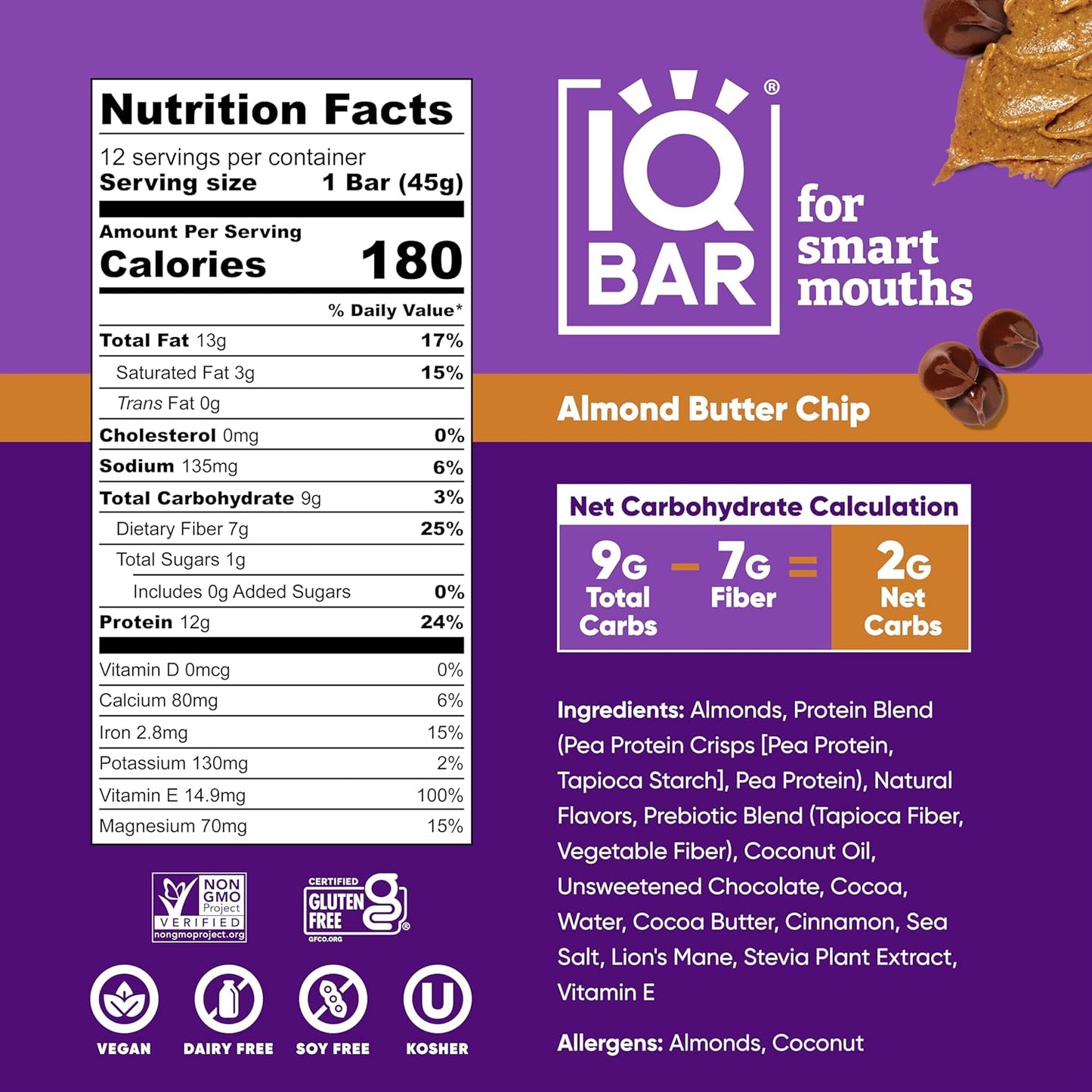 IQBAR Brain Body Keto Protein Bars - Almond Butter Chip Bars 12 - Count Energy Bar - Low Carb High Fiber Vegan Bars Low Sugar Meal Bars - Vegan Snacks