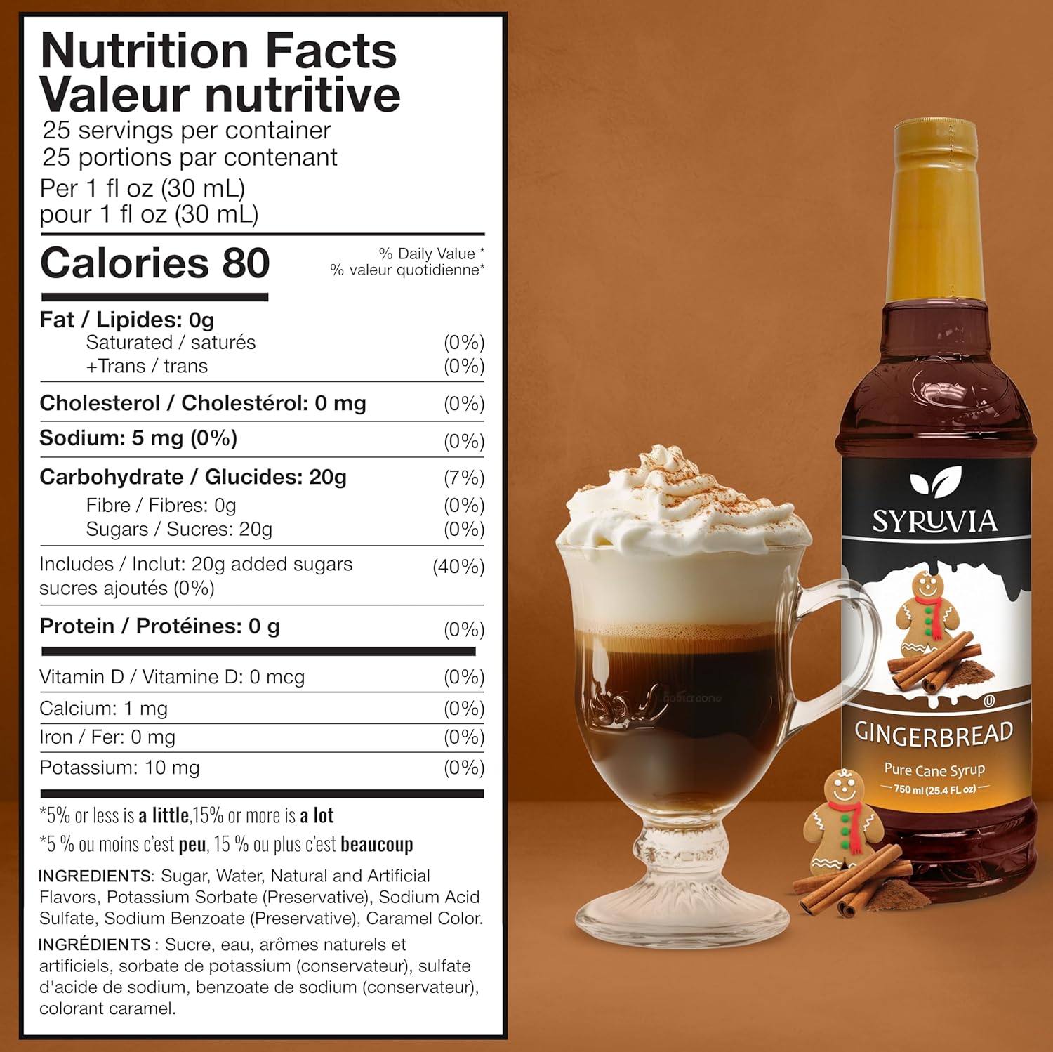 Syruvia Gingerbread Syrup – 25.4 fl oz Syrup for Coffee, Lattes, Shakes, Smoothies, Desserts – 100% Vegan, Gluten Free, Kosher. Perfect for use in Coffee, Cocktails and More.