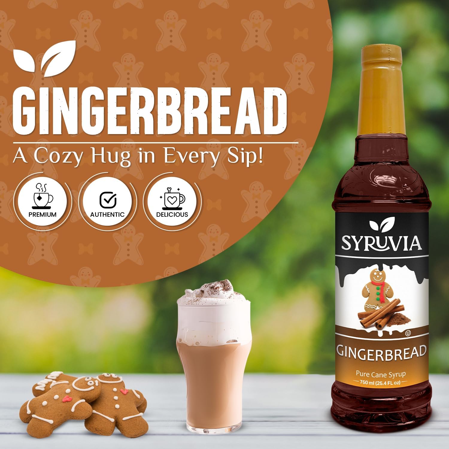 Syruvia Gingerbread Syrup – 25.4 fl oz Syrup for Coffee, Lattes, Shakes, Smoothies, Desserts – 100% Vegan, Gluten Free, Kosher. Perfect for use in Coffee, Cocktails and More.